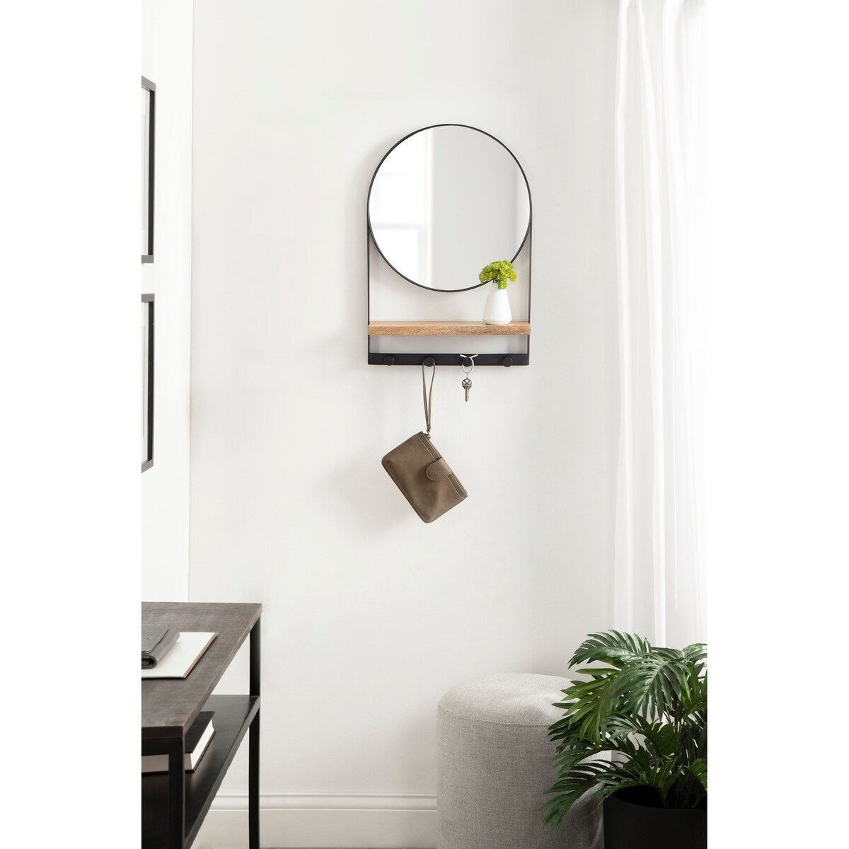 Kate and Laurel Chadwin Round Mirror with Shelf and Hooks