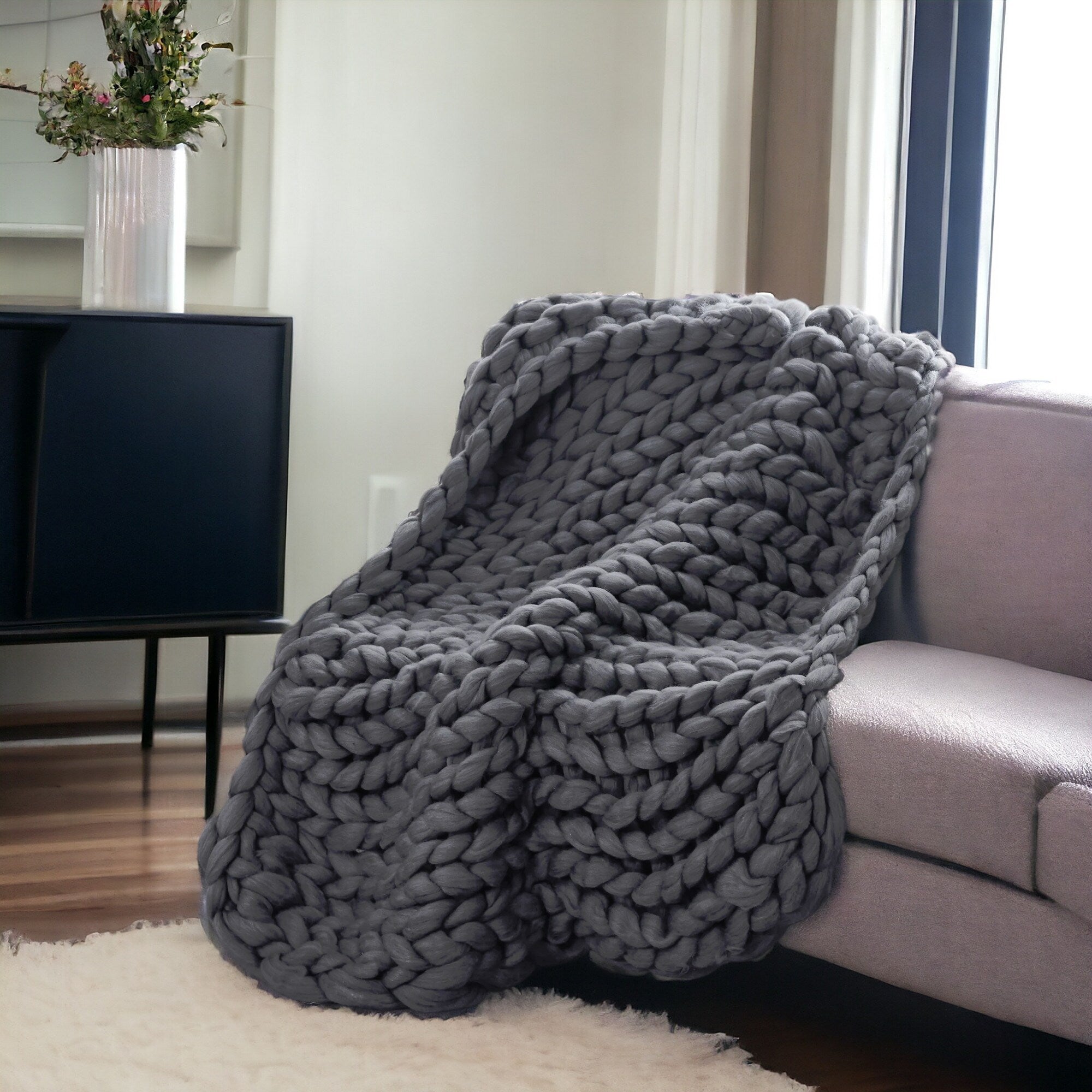 HomeRoots Dark Grey Boho Chunky Knit Throw Blanket