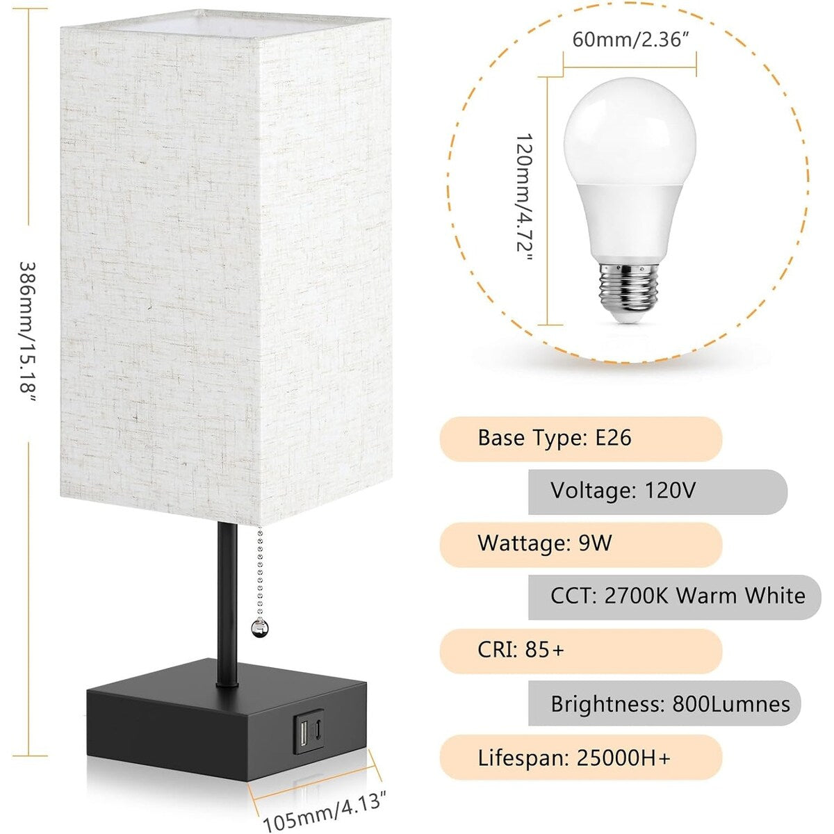 The Bedside Table Lamp, Pull Chain Table Lamp with USB C+A Charging Ports, 2700K LED Bulb, Fabric Linen Lampshade