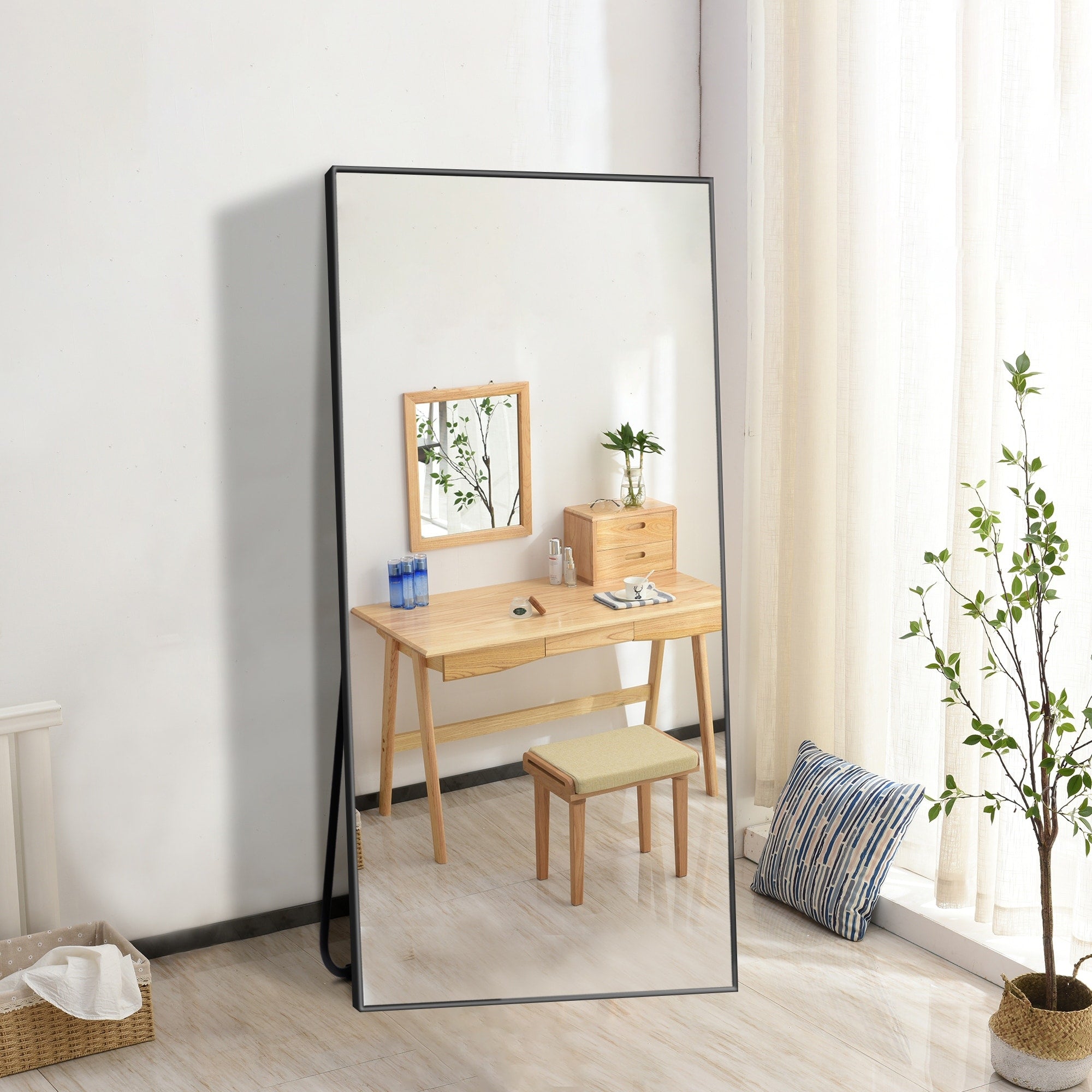 Modern Glam Aluminum Mirror Full Length Floor Mirror with Stand