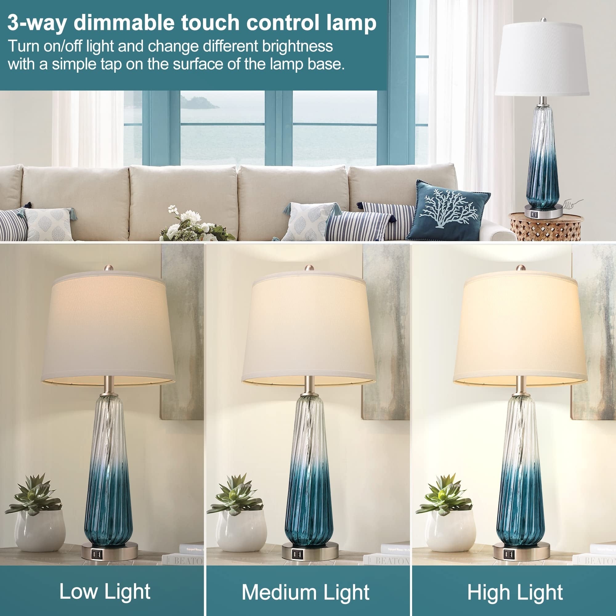 Table Lamps for Living Room with Touch Control, 3-Way Dimmable Bedside Lamps with 2 USB Ports, Modern Glass Nightstand Lamp