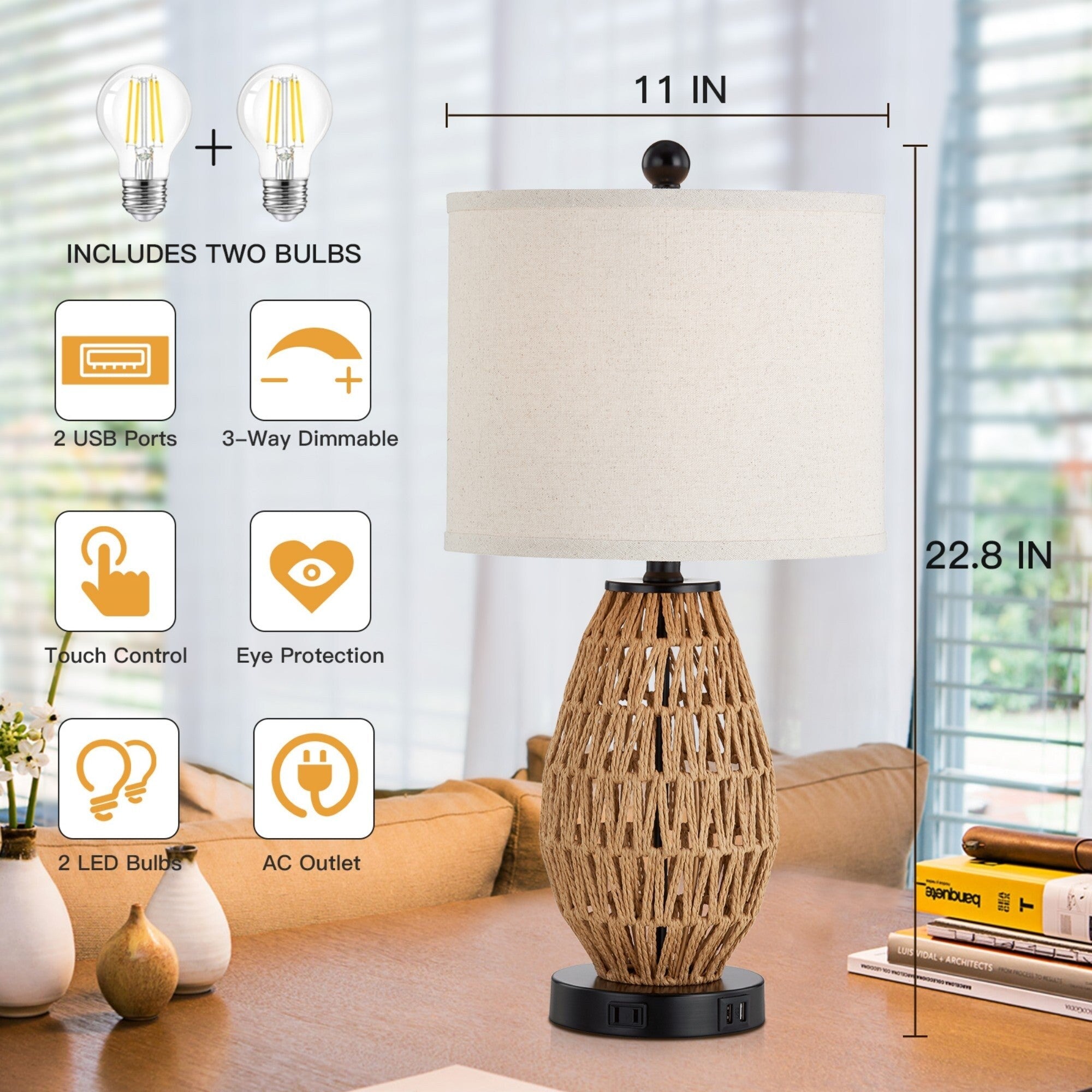 Brown Rattan Woven Table Lamp with USB Charging Ports AC Socket and 3-way Touch Dimming Switch (Set of 2)