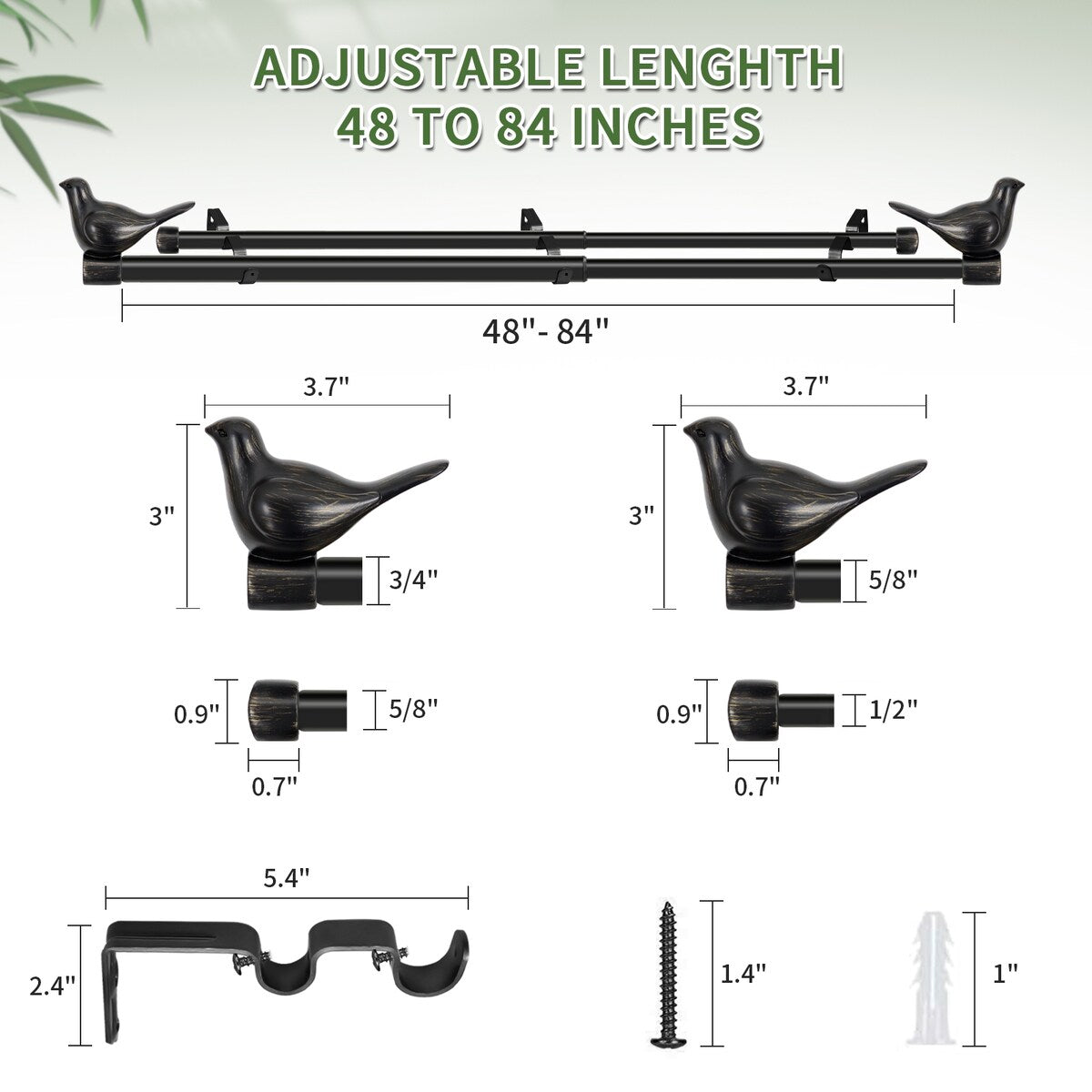 MERIVILLE 3/4 Diameter Farmhouse Double Window Curtain Rod, Bird Finials