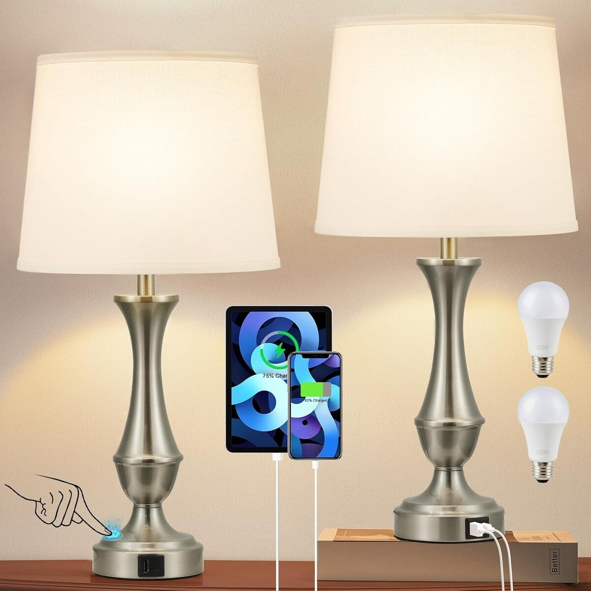 Touch Lamps Set of 2 - Nightstand Table Lamp with USB C+A, 3 Way Dimmable