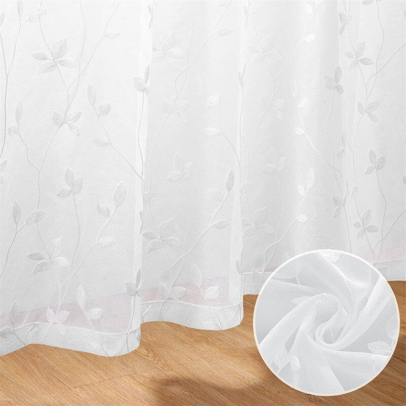 2 Panels Embroidered Leaf Pattern Curtains