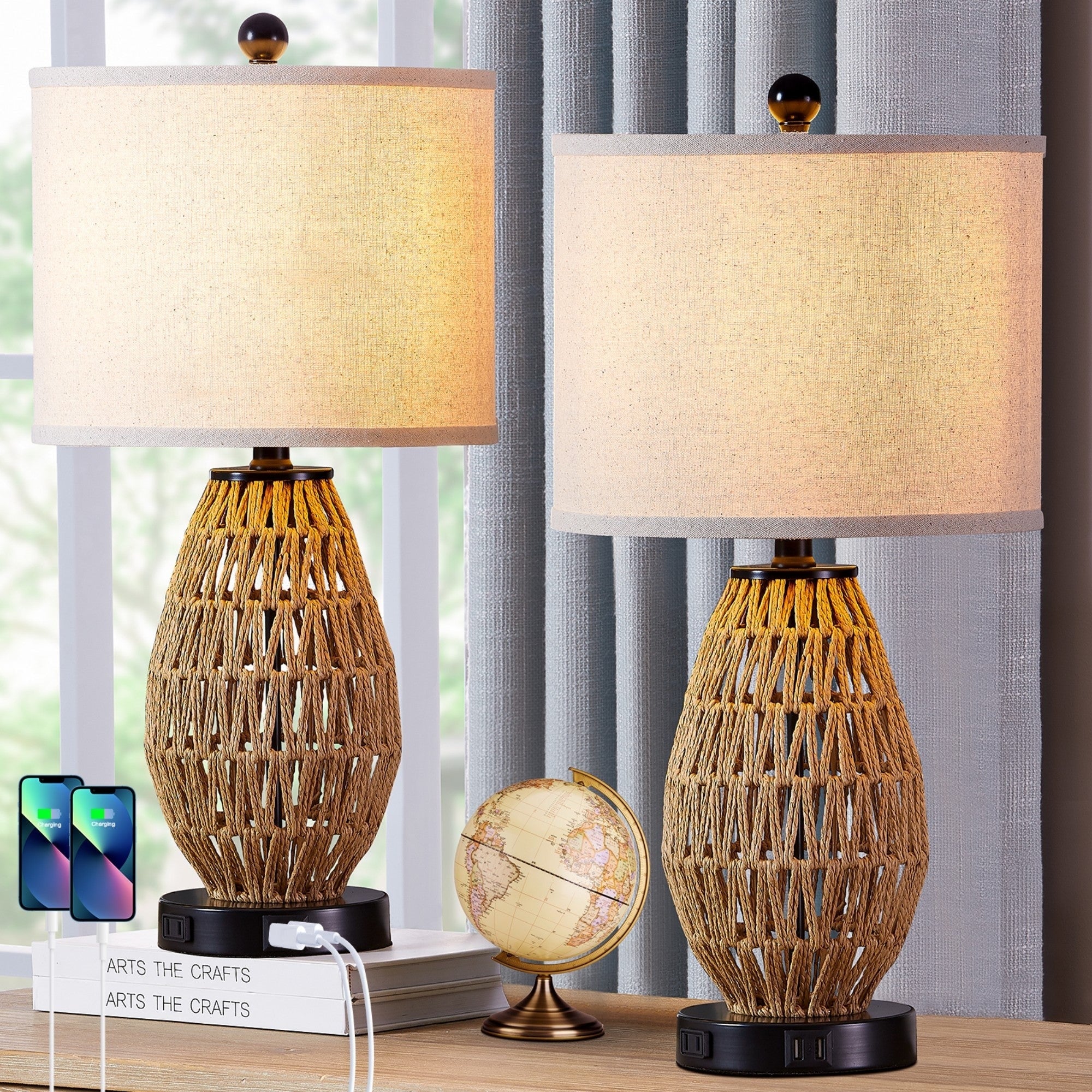 Brown Rattan Woven Table Lamp with USB Charging Ports AC Socket and 3-way Touch Dimming Switch (Set of 2)