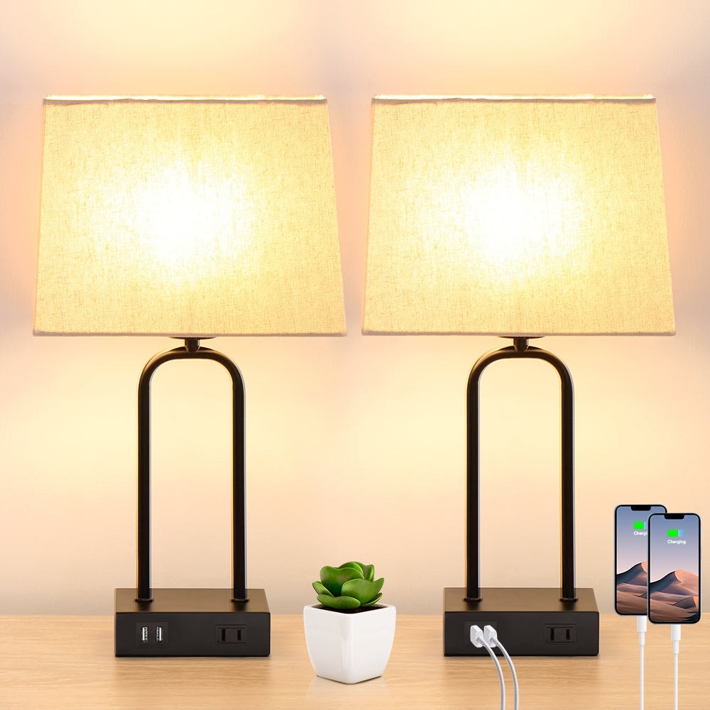 Black Metal Arched Frame Table Lamp with USB Charging Ports and Touch Dimming Switch (Set of 2) - 9.8'' x 5'' x 18'' (L x W x H)