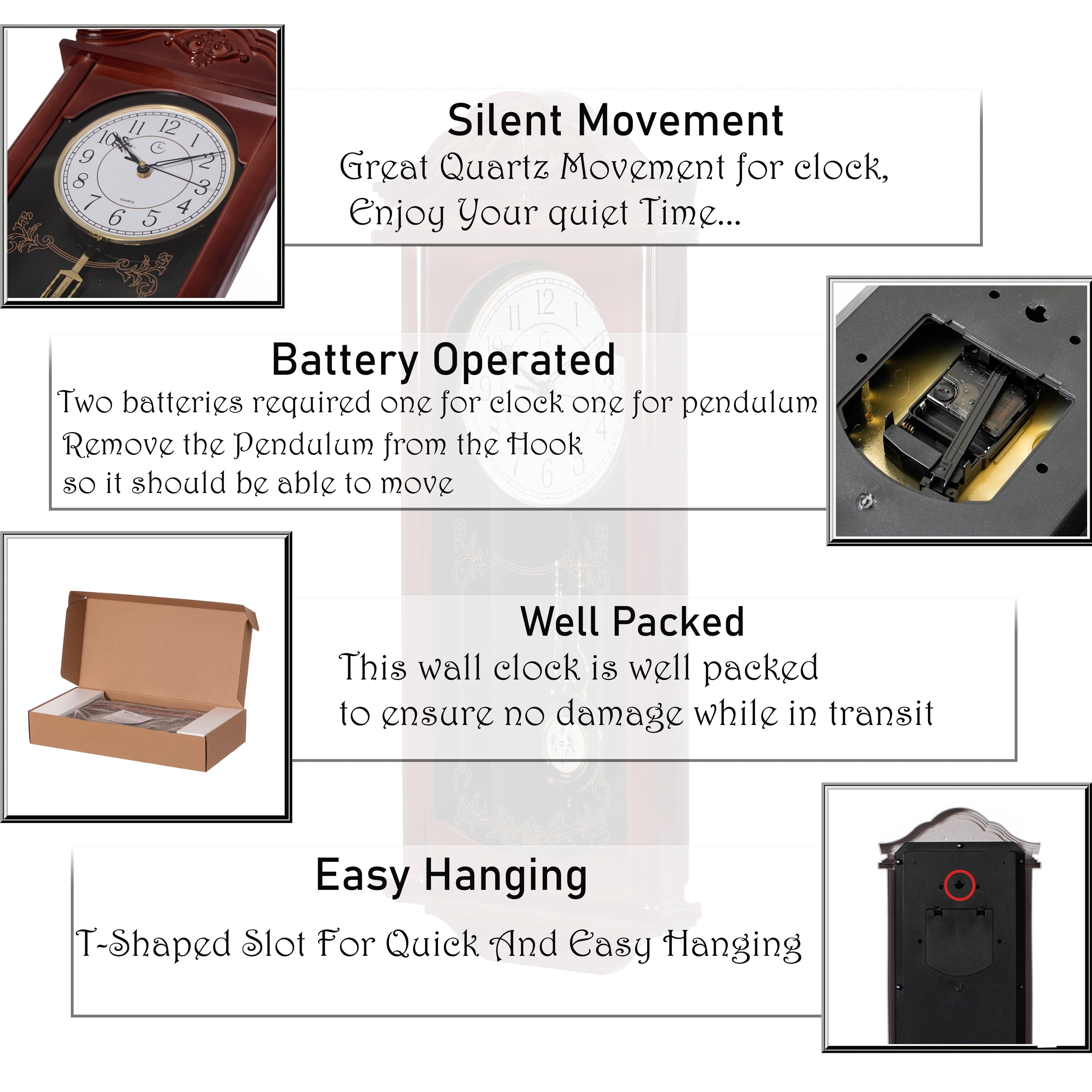 Clockswise Vintage Grandfather Wood-Looking Plastic Pendulum Decorative Battery-Operated Wall Clock Brown, for Home Decor