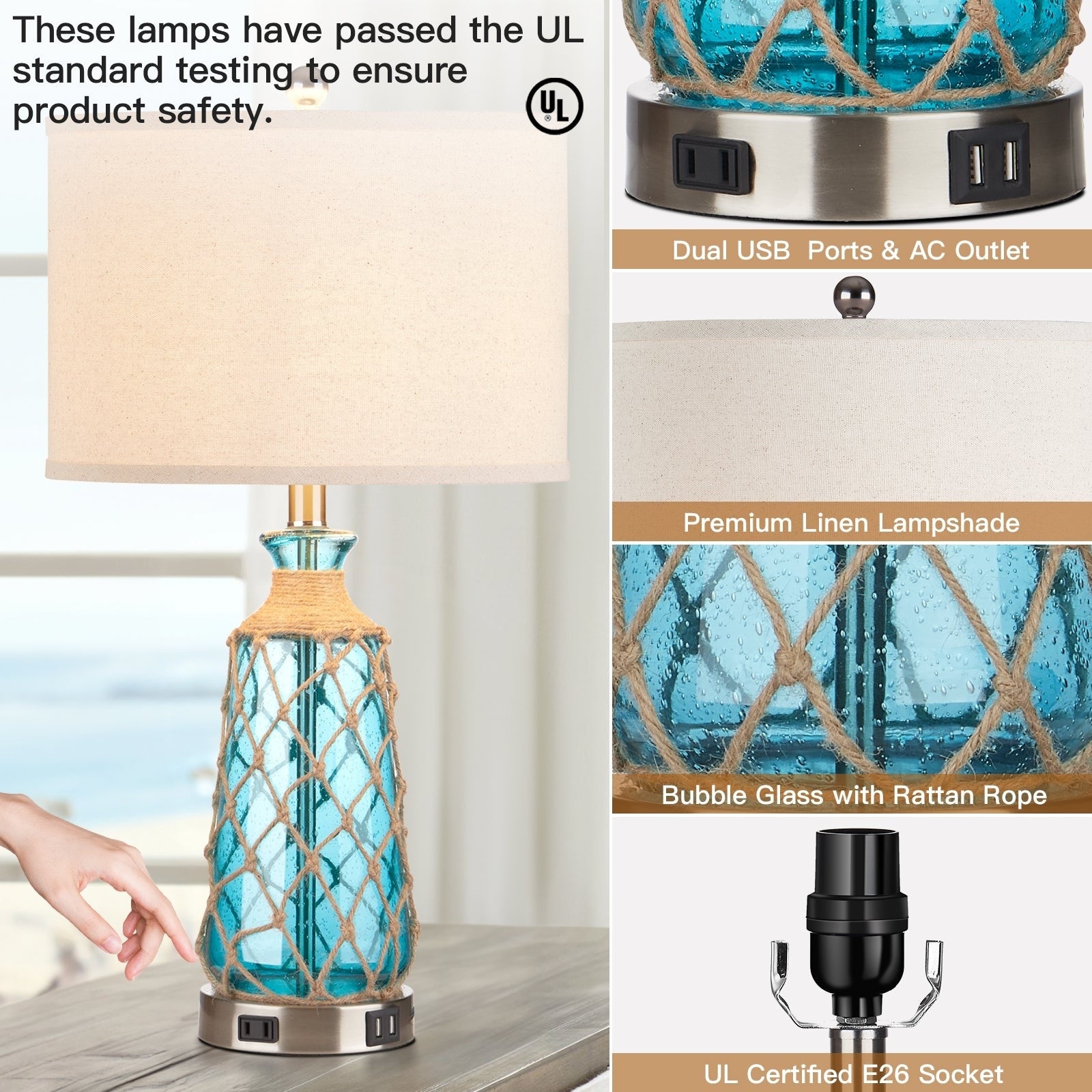 Blue Bubble Glass Table Lamp with Artistic Woven Rattan 3-way Dimming USB Port AC Outlet (Set of 2)