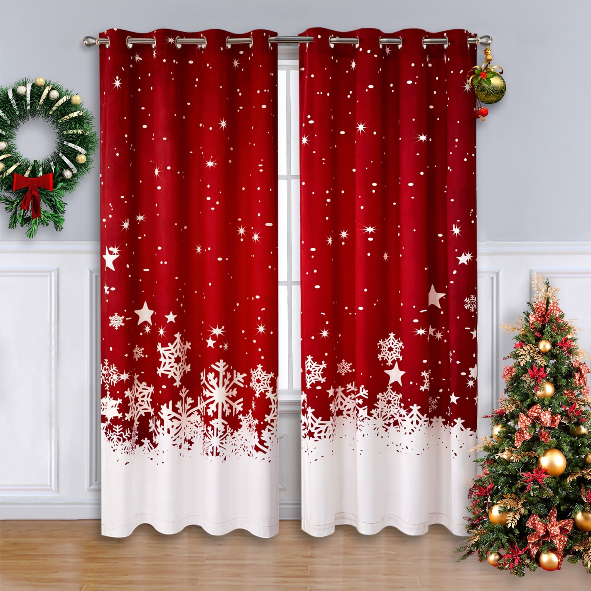 Christmas Snowflake Room Darkening Velvet Curtains 2 Panel Set