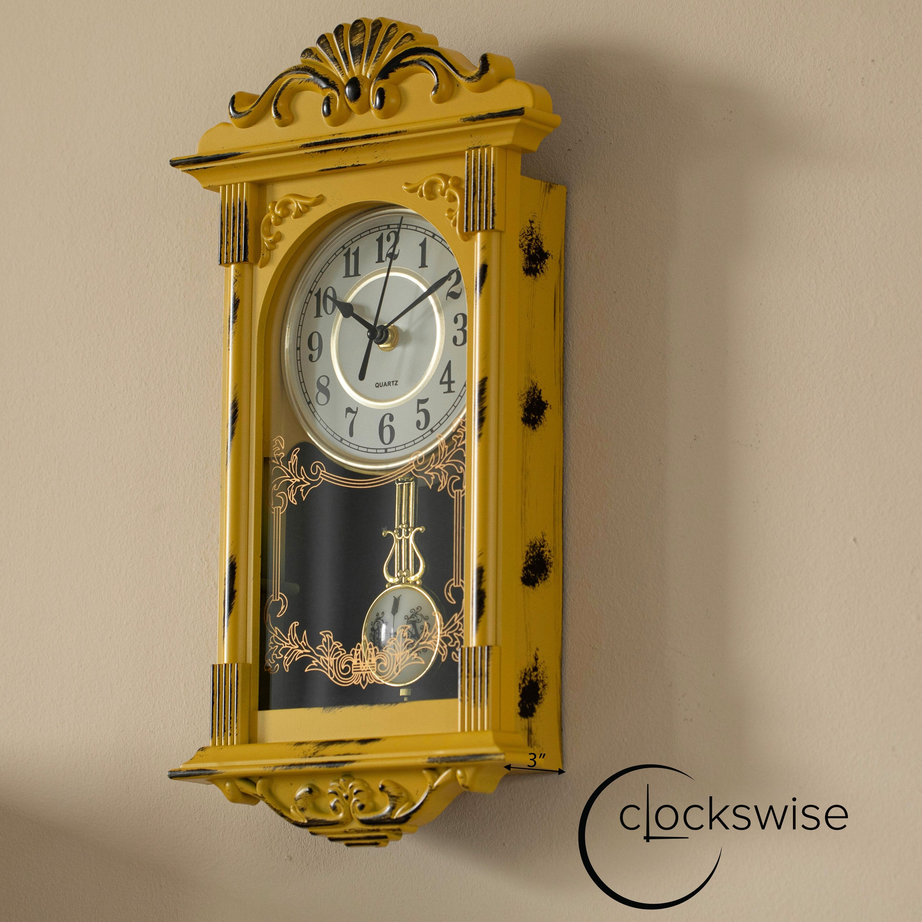 Clockswise Vintage Grandfather Wood-Looking Plastic Pendulum Decorative Battery-Operated Wall Clock Brown, for Home Decor