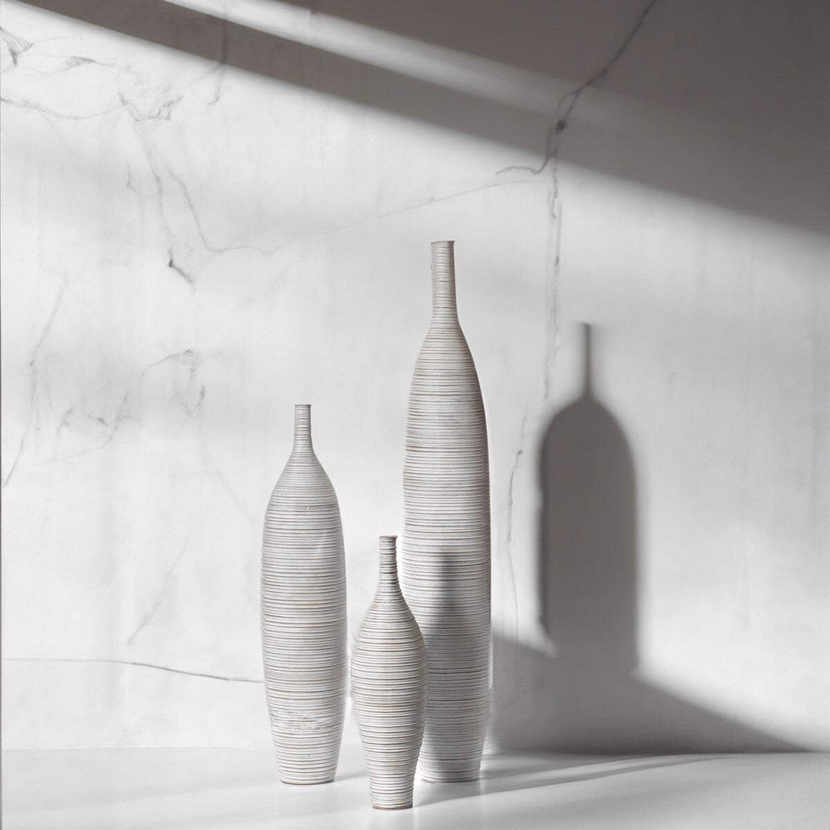 White Floor Vase, Ribbed Design, Modern Elegant Home Decoration, Room Enhancement, Sculptural Look, Sophisticated Decor