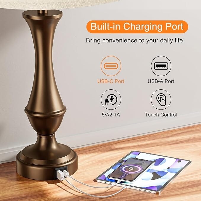 Touch Lamps Set of 2 - Nightstand Table Lamp with USB C+A, 3 Way Dimmable