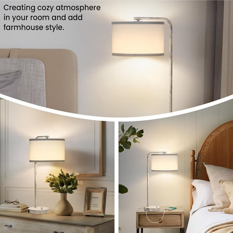 Dual USB port side table lamp, dimmable bedside lamp, desktop reading light - 13.98D x 13.98W x 25H