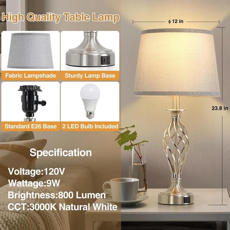 Modern Bedside Lamp Bedroom Table Lamp (Set of 2) - 12D x 12W x 23.8H