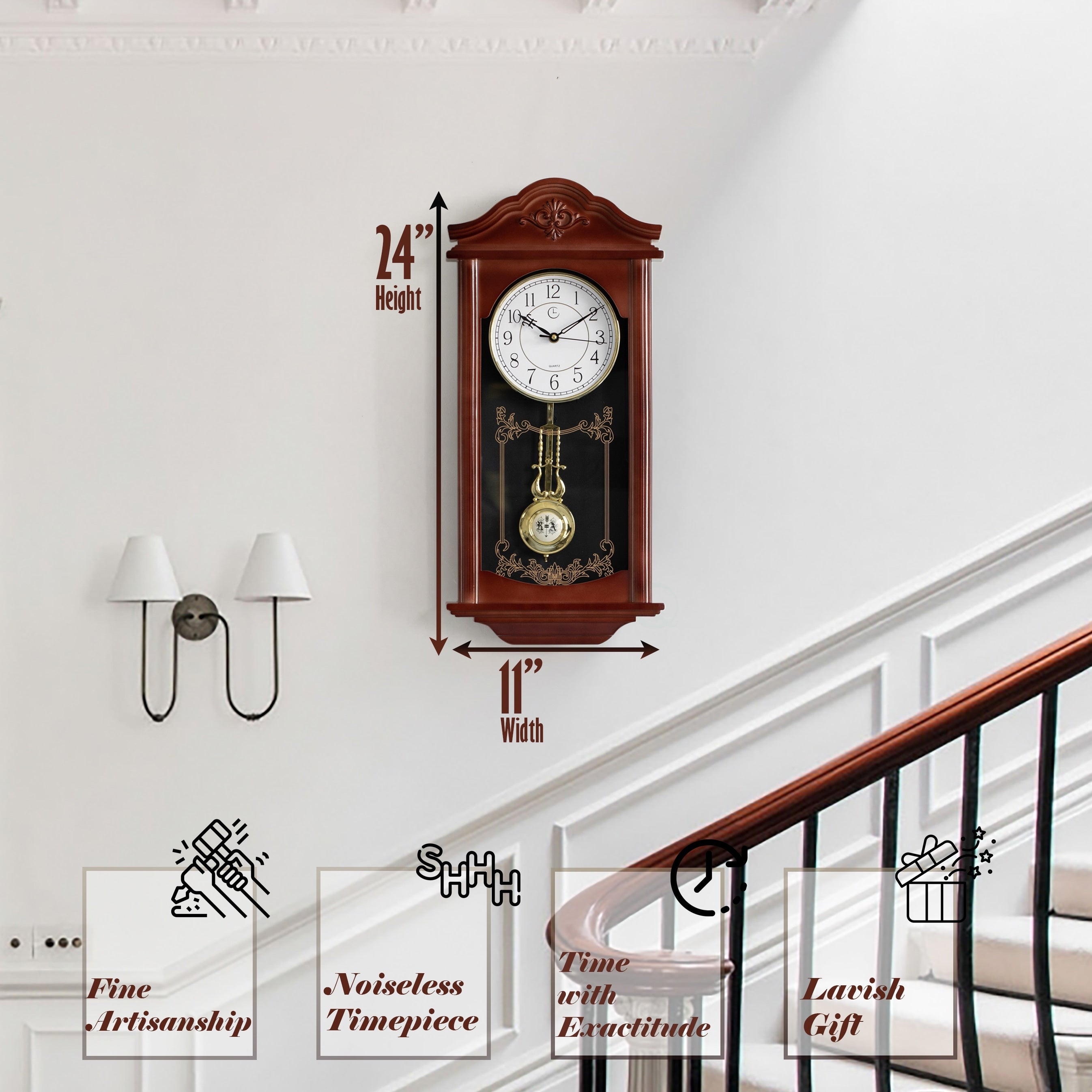 Clockswise Vintage Grandfather Wood-Looking Plastic Pendulum Decorative Battery-Operated Wall Clock Brown, for Home Decor