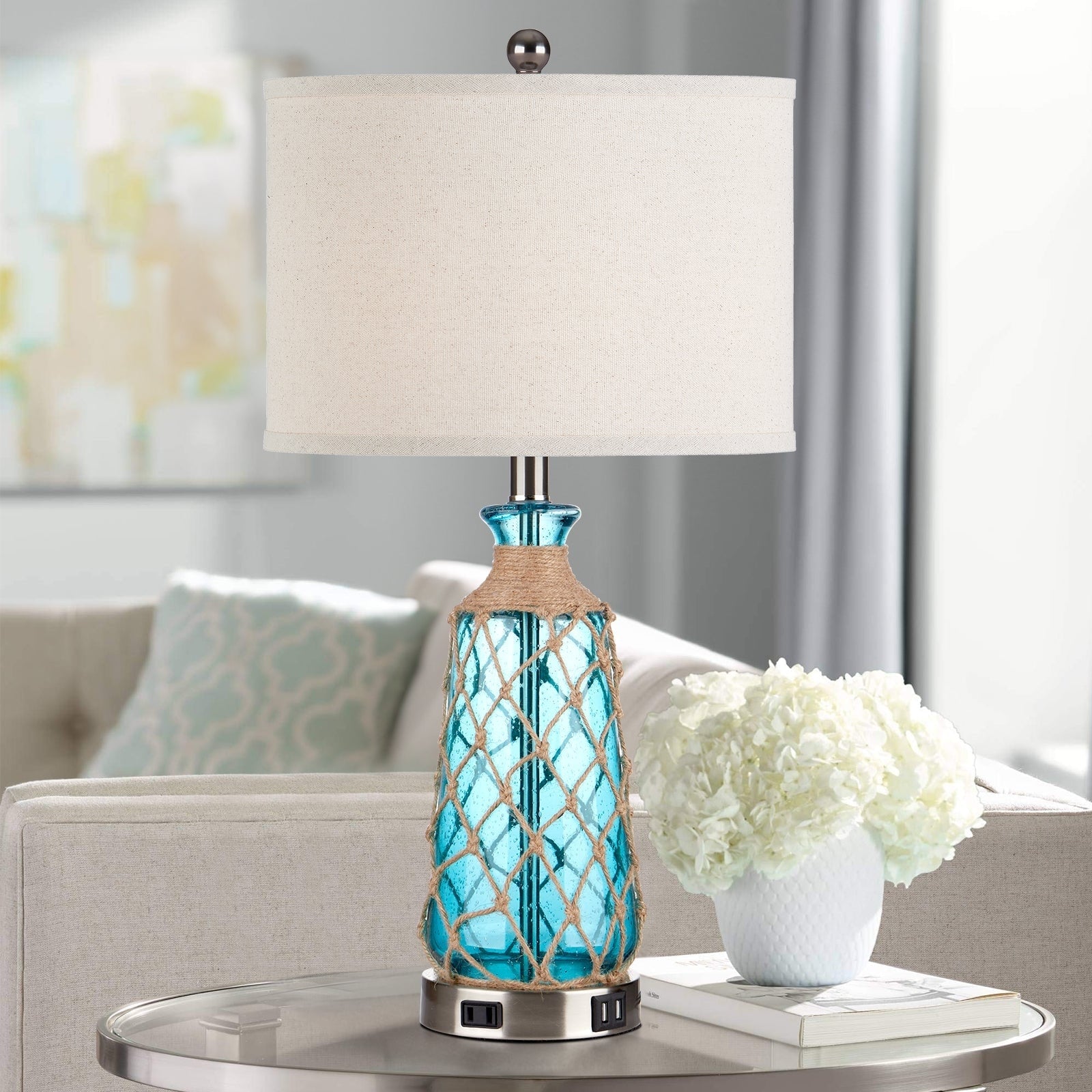 Blue Bubble Glass Table Lamp with Artistic Woven Rattan 3-way Dimming USB Port AC Outlet (Set of 2)