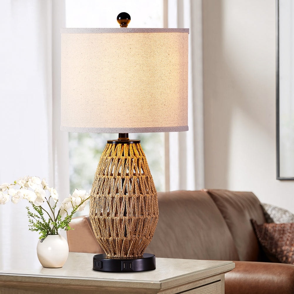 Brown Rattan Woven Table Lamp with 3-way Touch Dimming Switch USB Charging Ports and AC Outlet