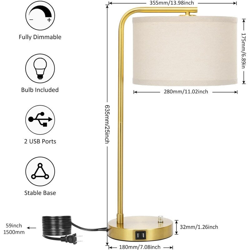 Dual USB port side table lamp, dimmable bedside lamp, desktop reading light - 13.98D x 13.98W x 25H