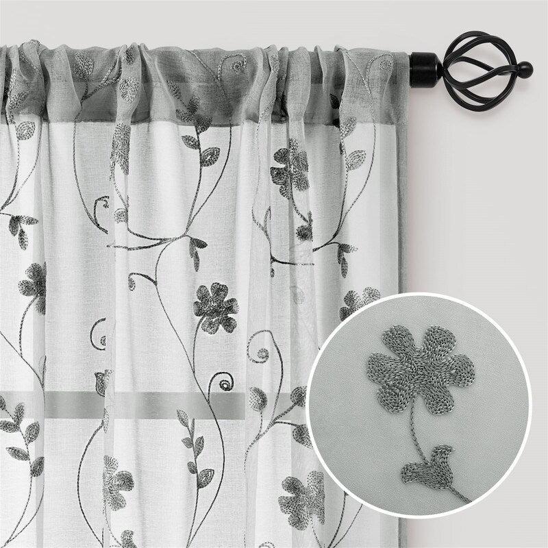 2 Panels Embroidered Leaf Pattern Curtains