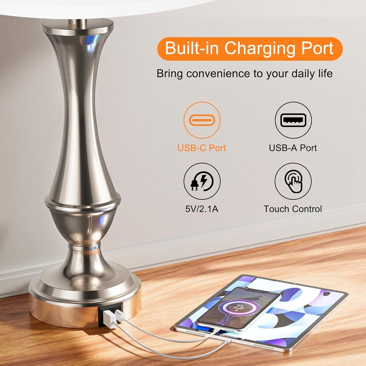 Touch Lamps Set of 2 - Nightstand Table Lamp with USB C+A, 3 Way Dimmable