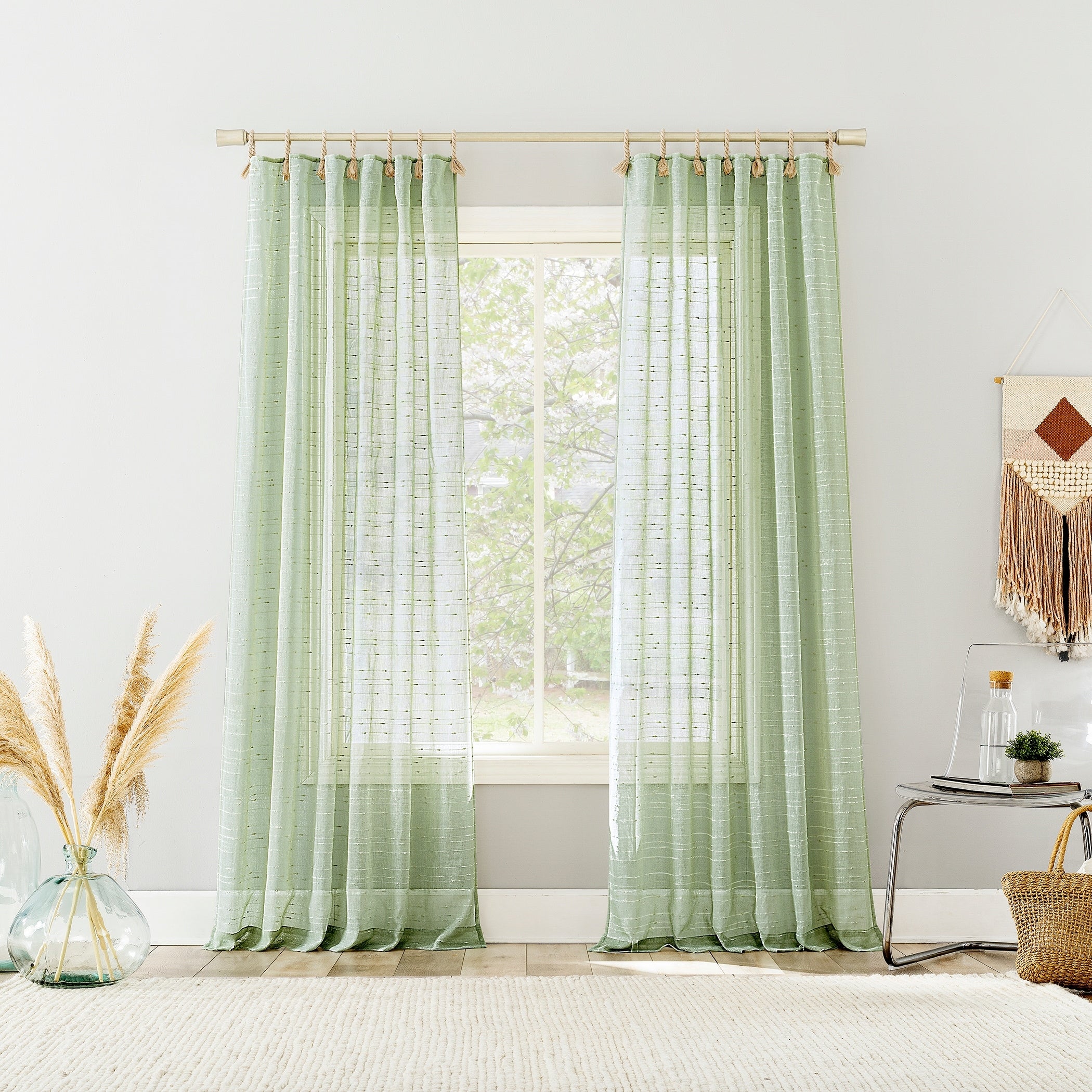 No. 918 Noemi Slub Stripe Rope Tab Semi-Sheer Tie Top Curtain Panel, Single Panel