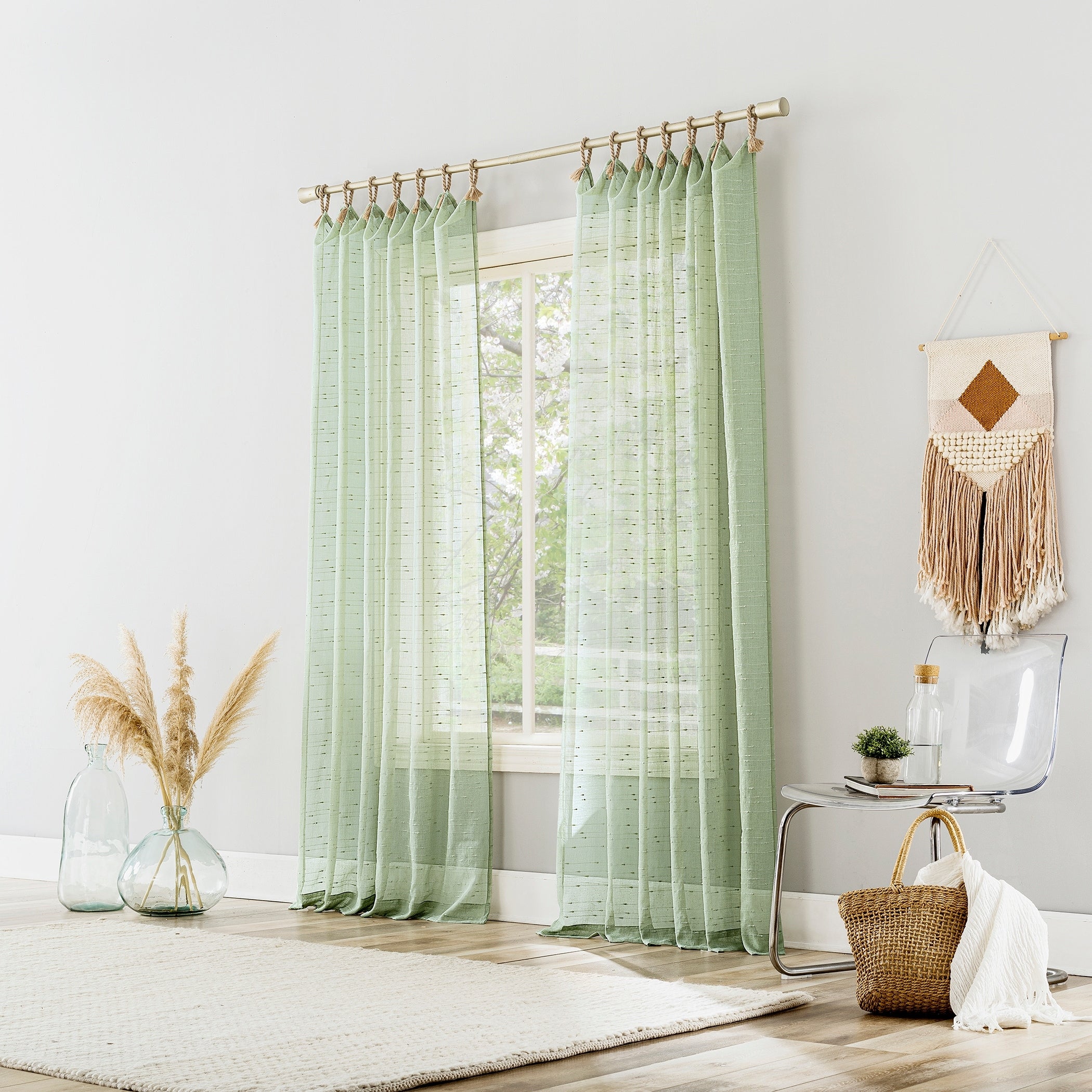 No. 918 Noemi Slub Stripe Rope Tab Semi-Sheer Tie Top Curtain Panel, Single Panel