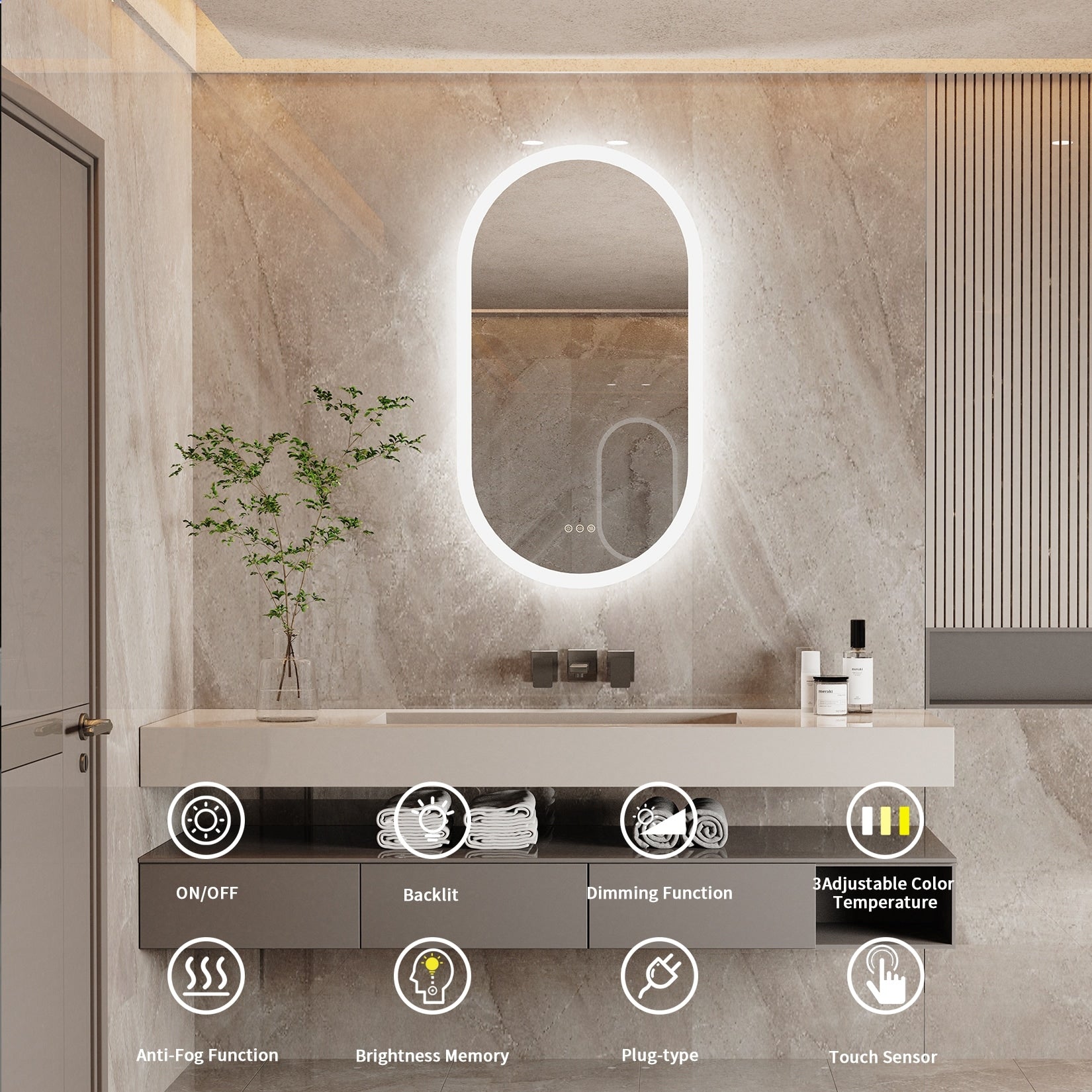 Large Oval Frameless LED Bathroom Wall Vanity Mirror 3 Dimmable Backlit Anti-Fog