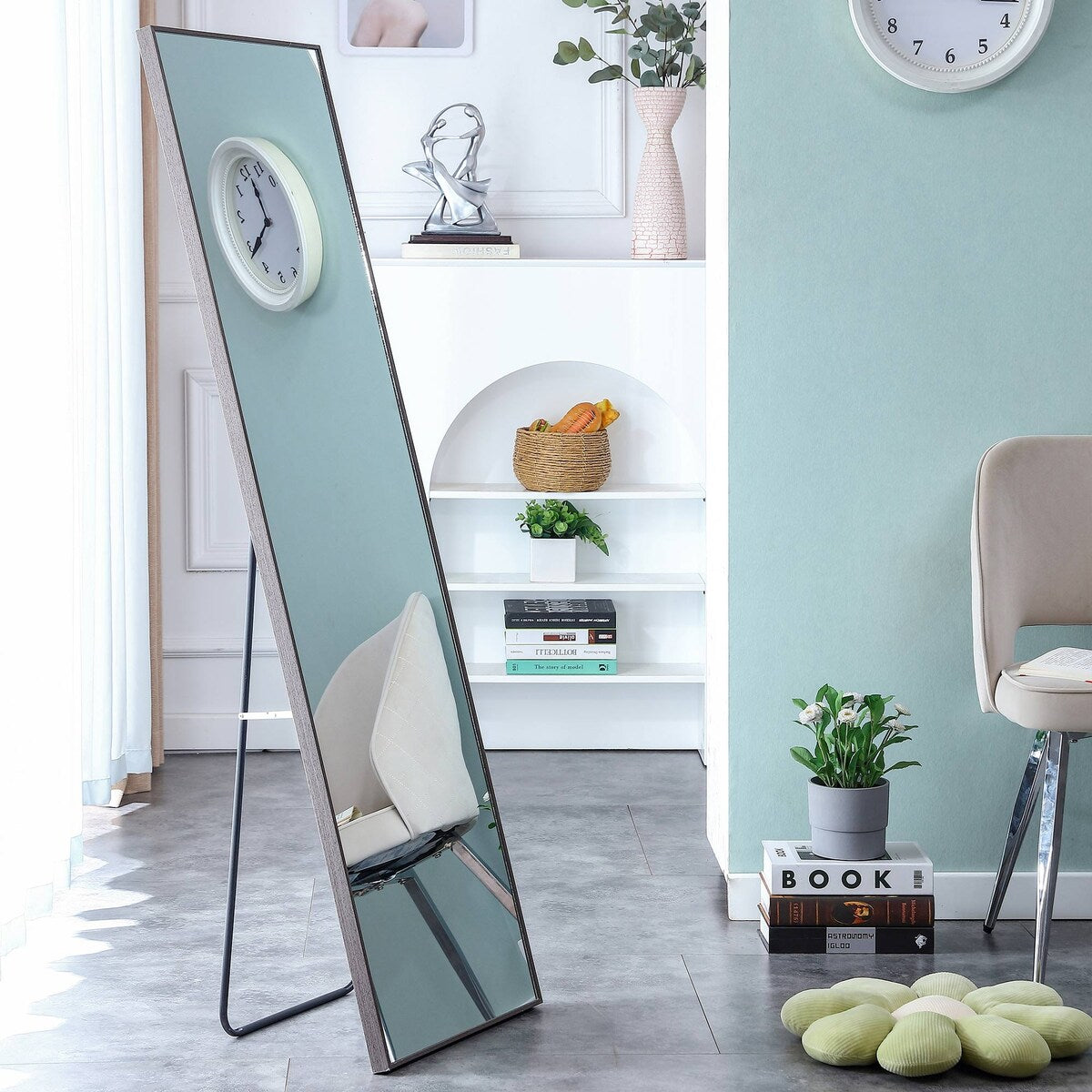 Solid wood frame full-length mirror, floor mounted/wall mounted