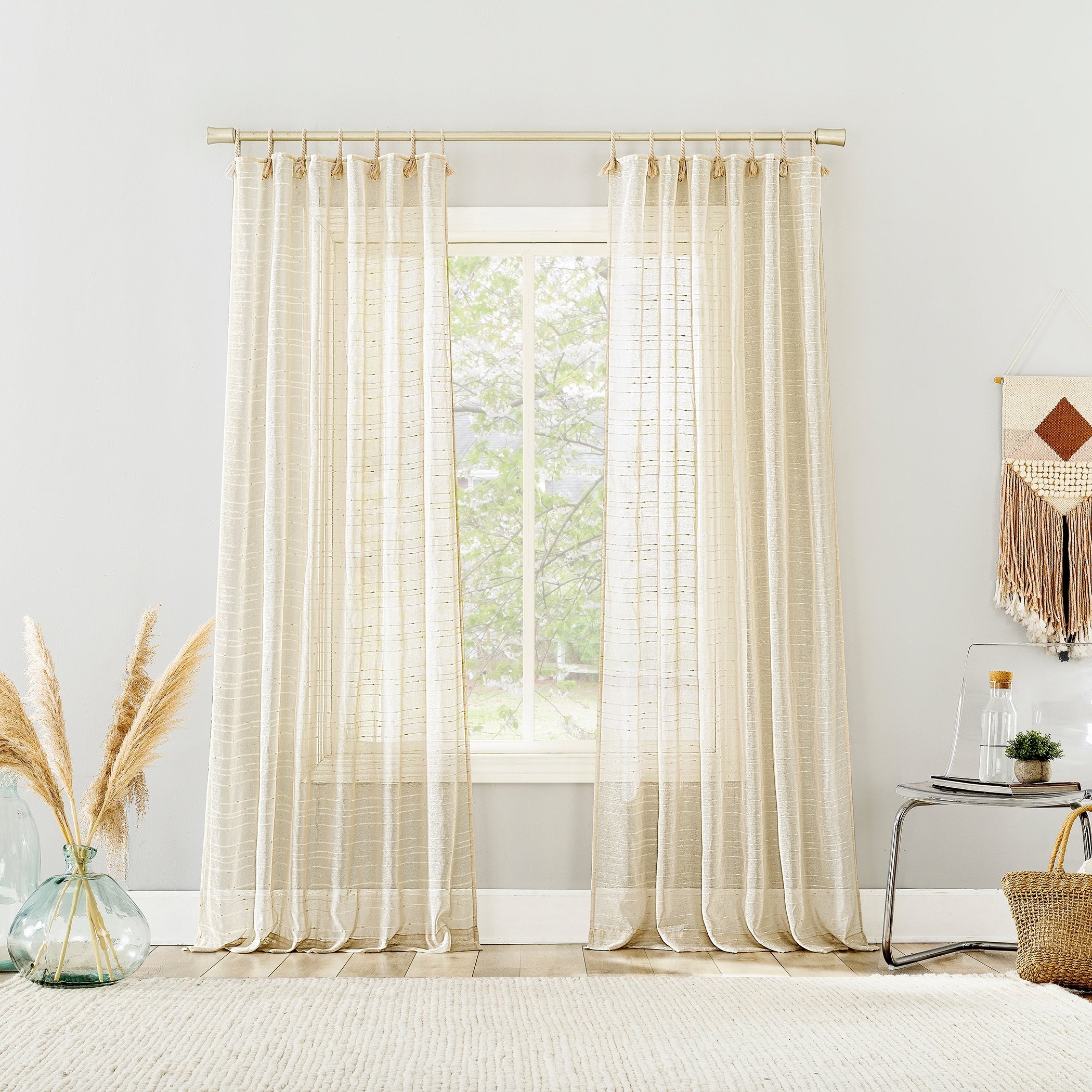 No. 918 Noemi Slub Stripe Rope Tab Semi-Sheer Tie Top Curtain Panel, Single Panel