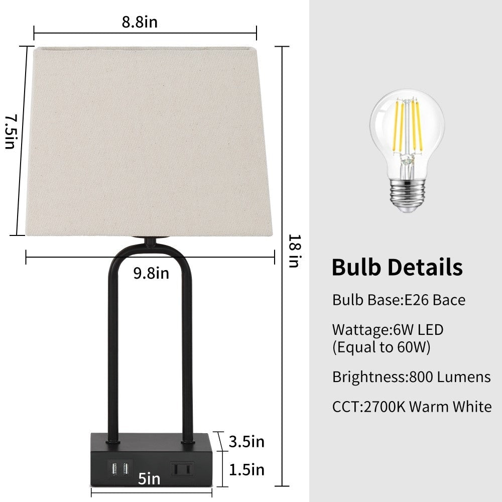 Black Metal Arched Frame Table Lamp with USB Charging Ports and Touch Dimming Switch (Set of 2) - 9.8'' x 5'' x 18'' (L x W x H)