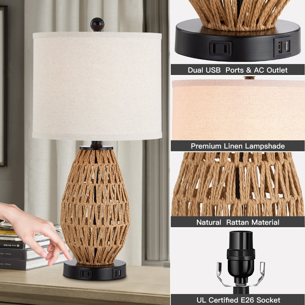 Brown Rattan Woven Table Lamp with 3-way Touch Dimming Switch USB Charging Ports and AC Outlet