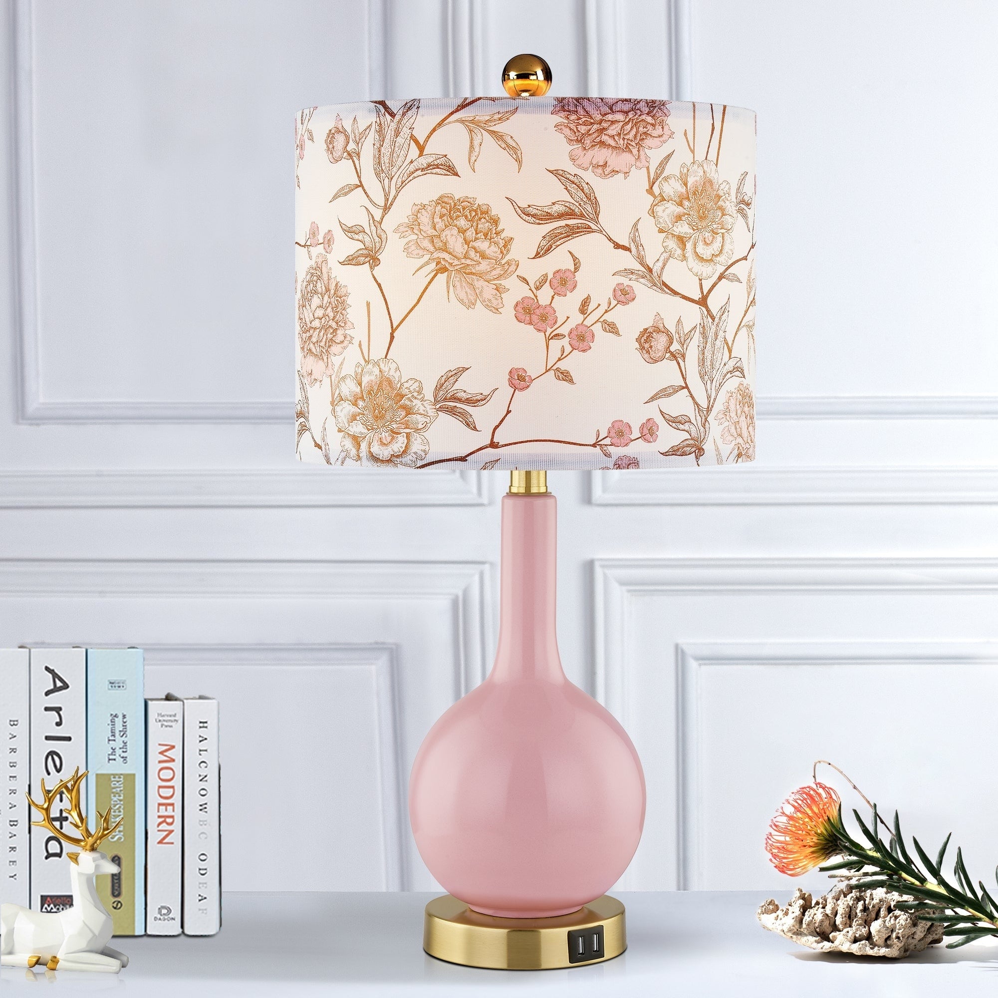 Pink Ceramic Table Lamp with 3-Way Touch Dimming Switch & Dual USB Charging Ports & - 12'' x 12'' x 24'' (L x W x H)