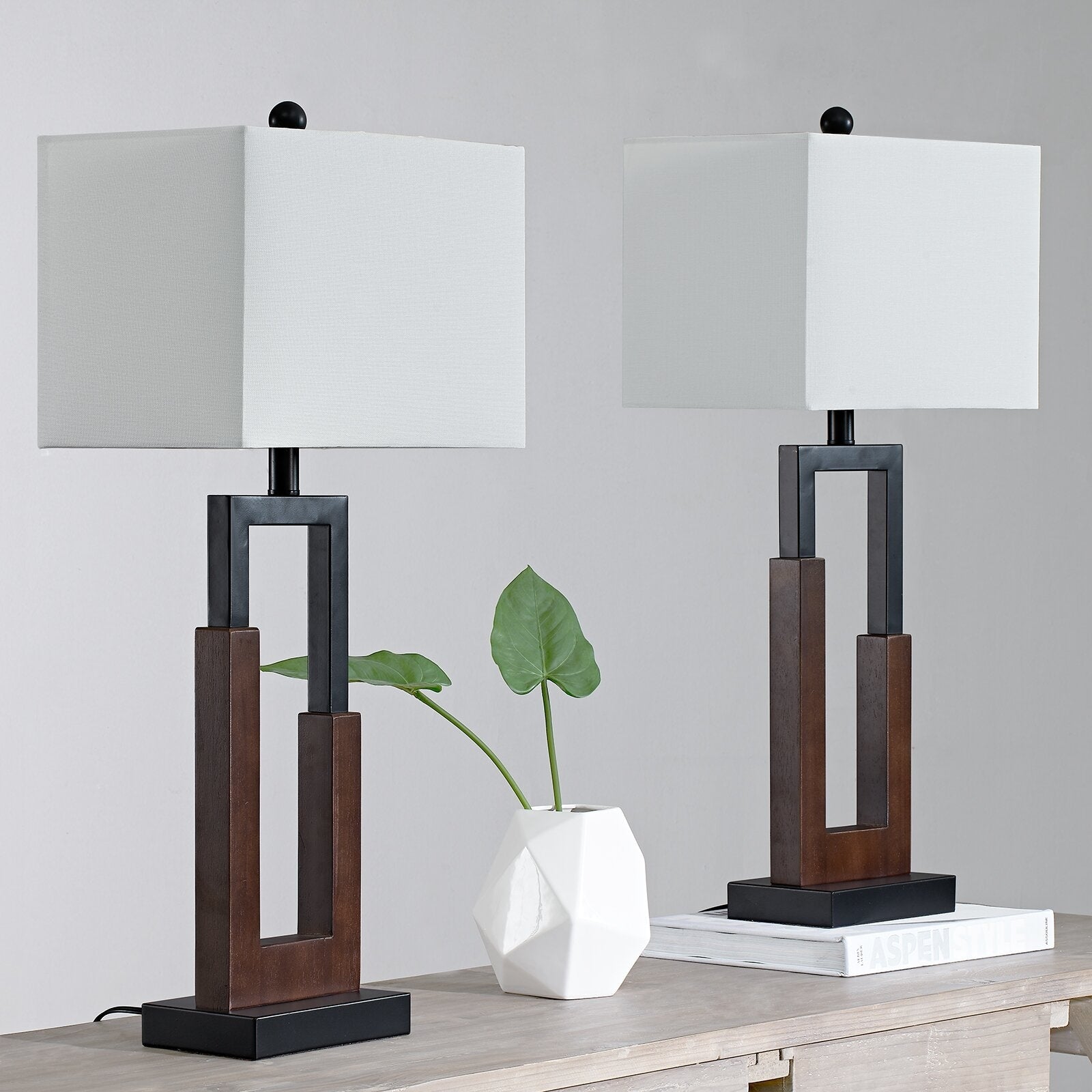 30 Wood/Black Table Lamp Set With USB (Set of 2)