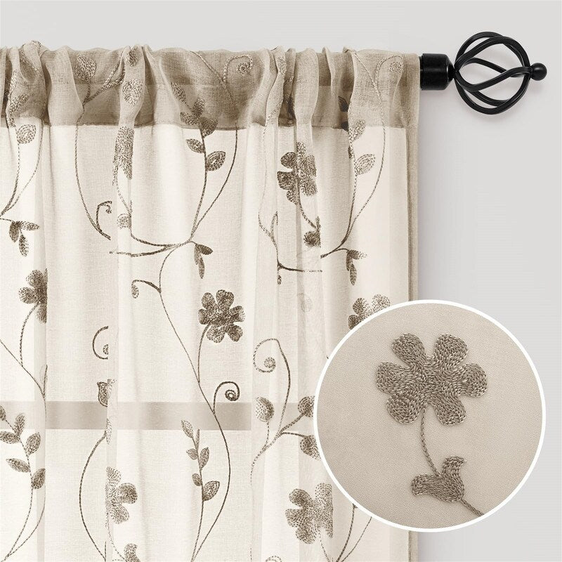 2 Panels Embroidered Leaf Pattern Curtains