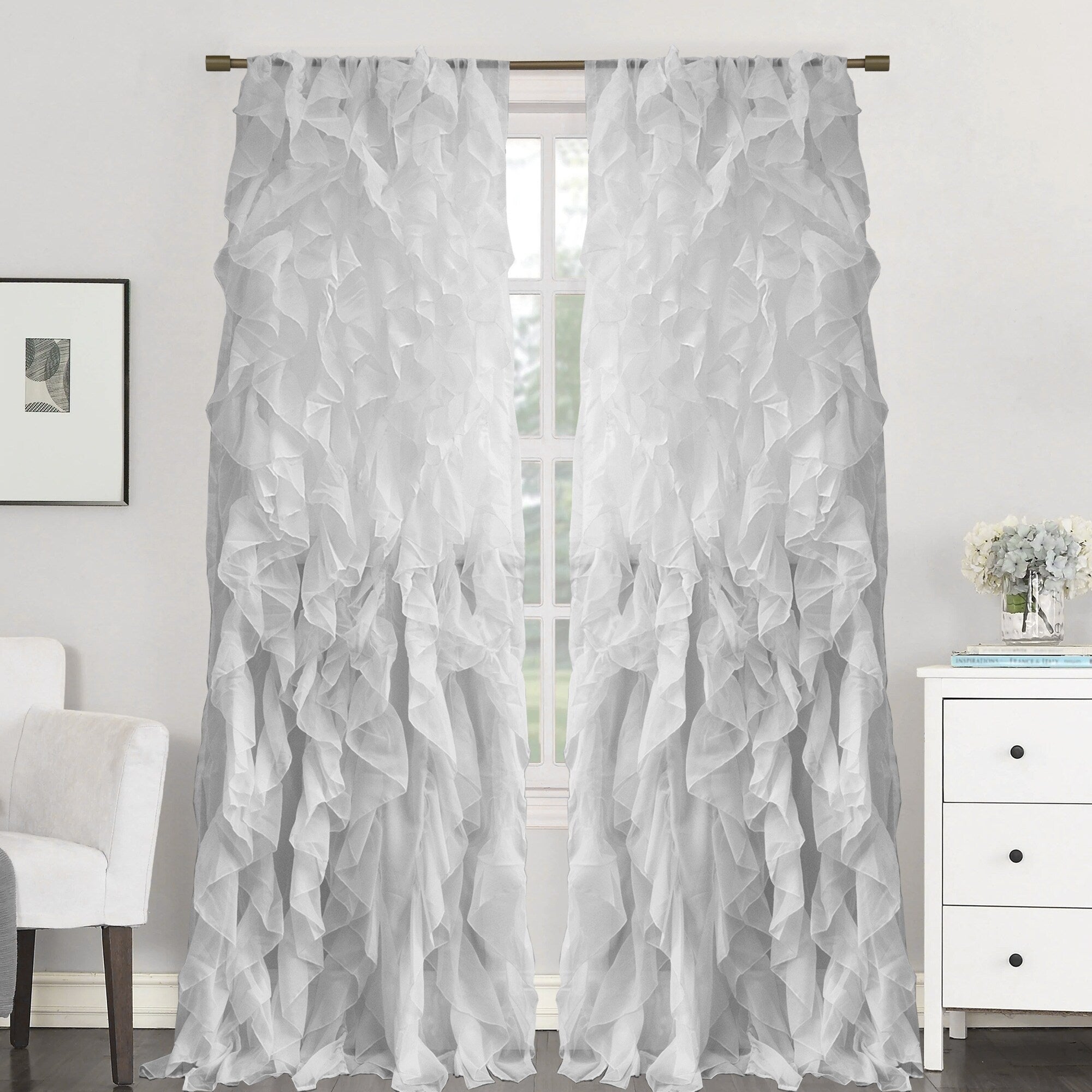 Sweet Home Collection Sheer Voile Waterfall Ruffled Tier 108 Inch Single Curtain Panel - 108 long x 50 wide