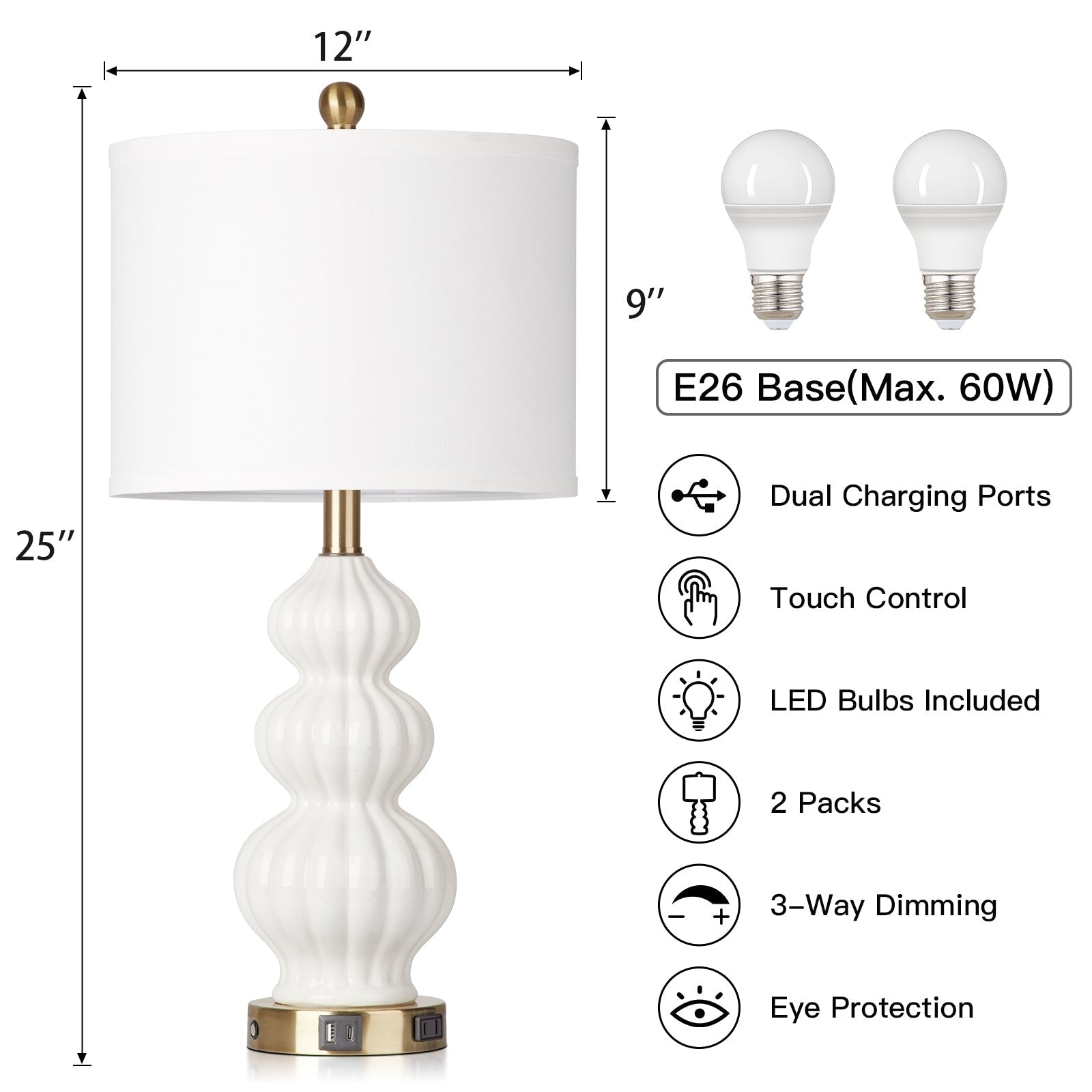 Table Lamp White Ceramic Cucurbit Style 3-Way Touch Dimming Switch USB Type C Charging Ports AC Outlet(Set of 2)