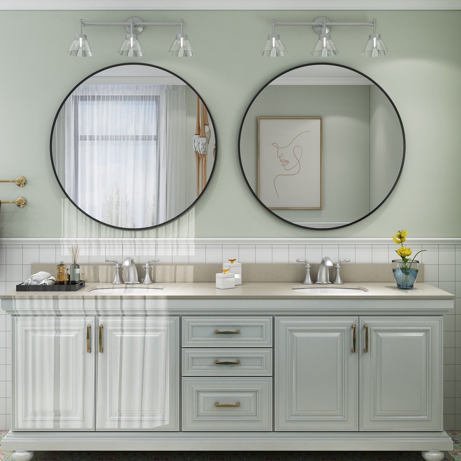 Apmir Round Metal Black Frame Bathroom Vanity Mirror Wall-mounted mirror