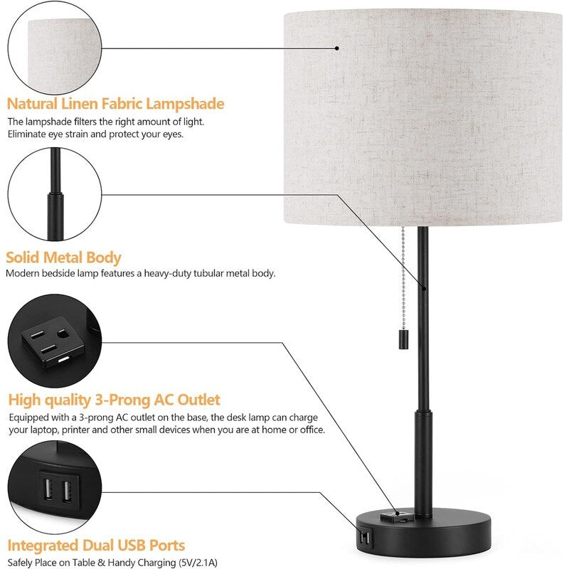 21.7 Table Lamp (Set of 2) with USB Charging Port, Nightstand Lights - 11D x 11W x 21.7H