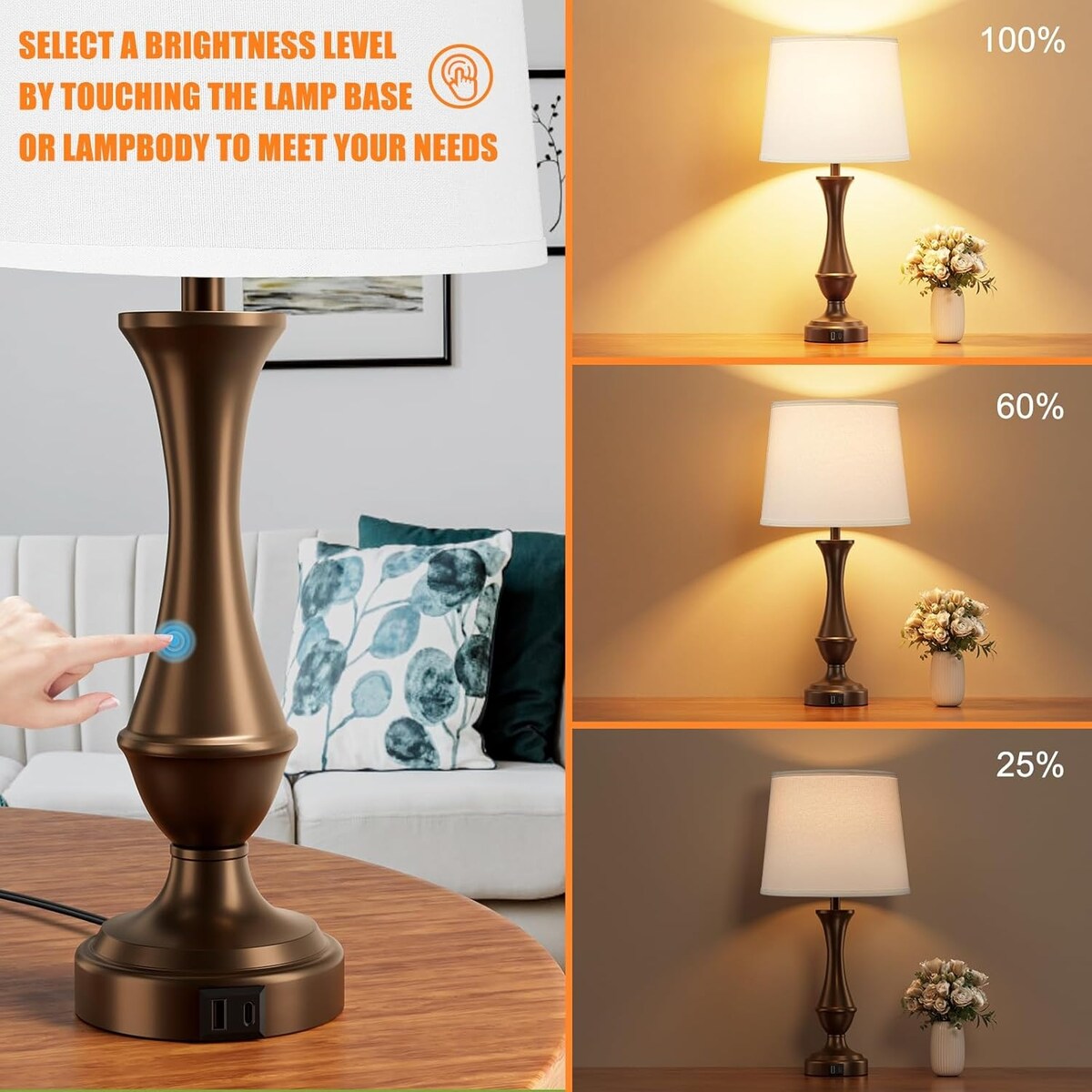 Touch Lamps Set of 2 - Nightstand Table Lamp with USB C+A, 3 Way Dimmable