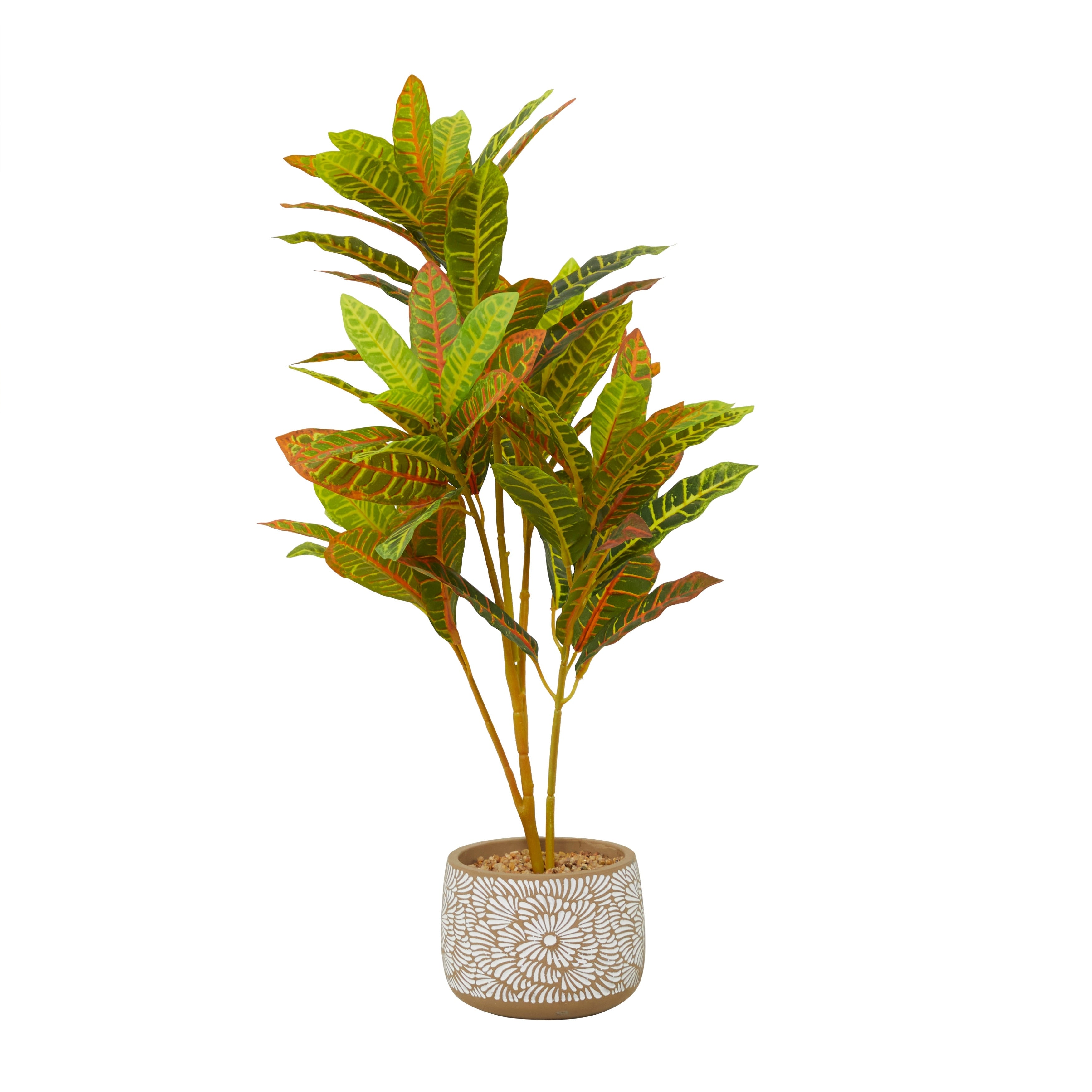 Faux Foliage Crotons Artificial Plant with Realistic Leaves and Floral Patterned Pot - Green - Roche River Decor