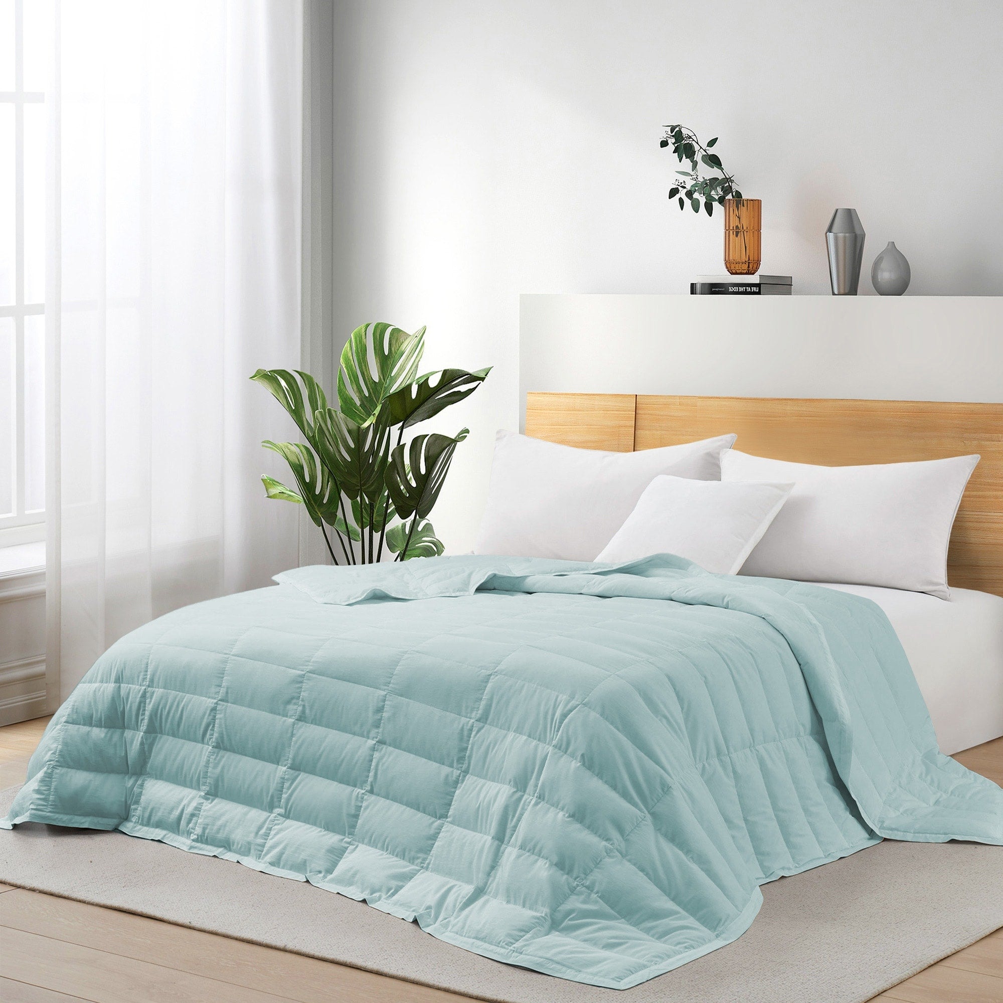 Luxurious White Down Blanket with Satin Trim, Tencel Comforter for All-Season