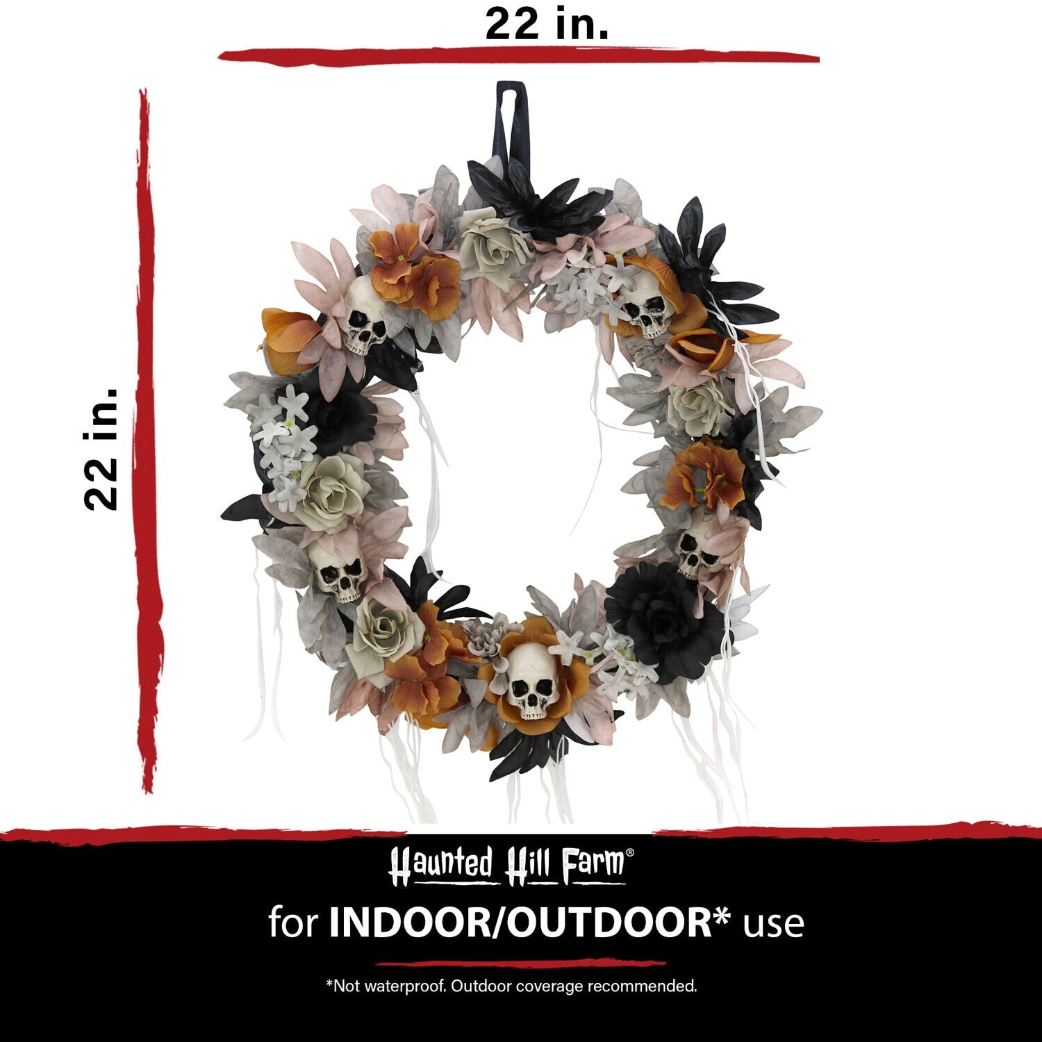 Haunted Hill Farm 1.83-ft. Halloween Autumn Wreath with Skulls, Indoor/Covered Outdoor Halloween Decoration