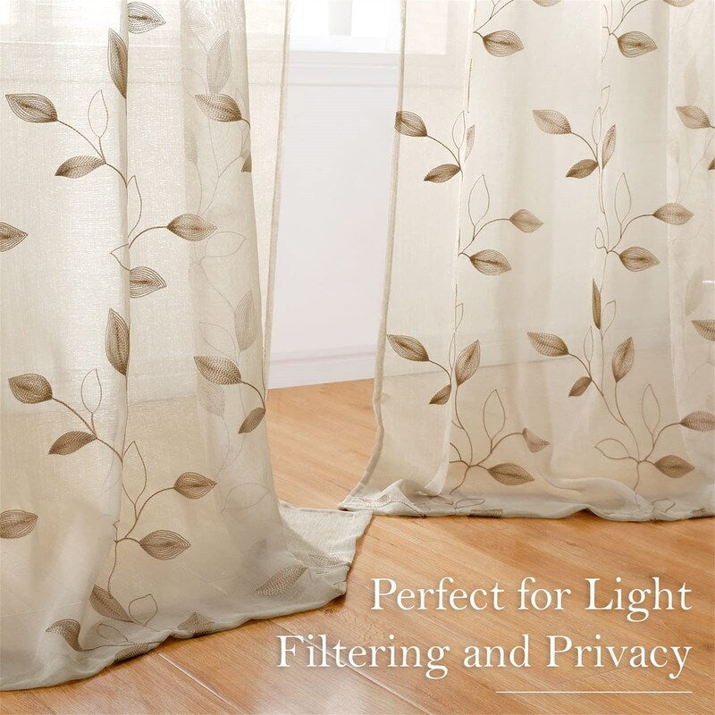 2 Panels Embroidered Leaf Pattern Curtains