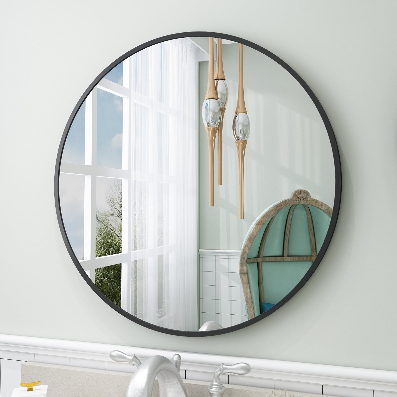 Apmir Round Metal Black Frame Bathroom Vanity Mirror Wall-mounted mirror