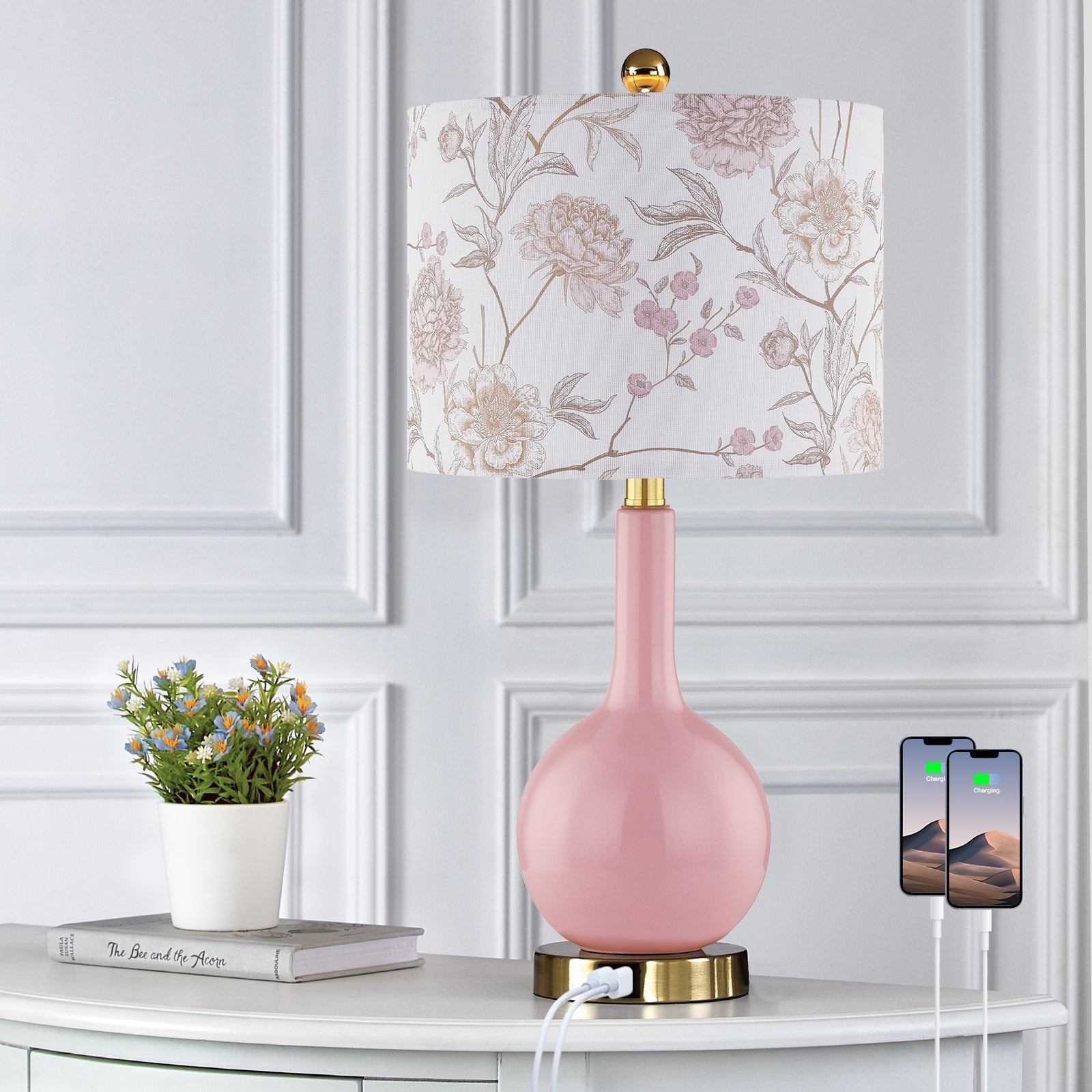 Pink Ceramic Table Lamp with 3-Way Touch Dimming Switch & Dual USB Charging Ports & - 12'' x 12'' x 24'' (L x W x H)