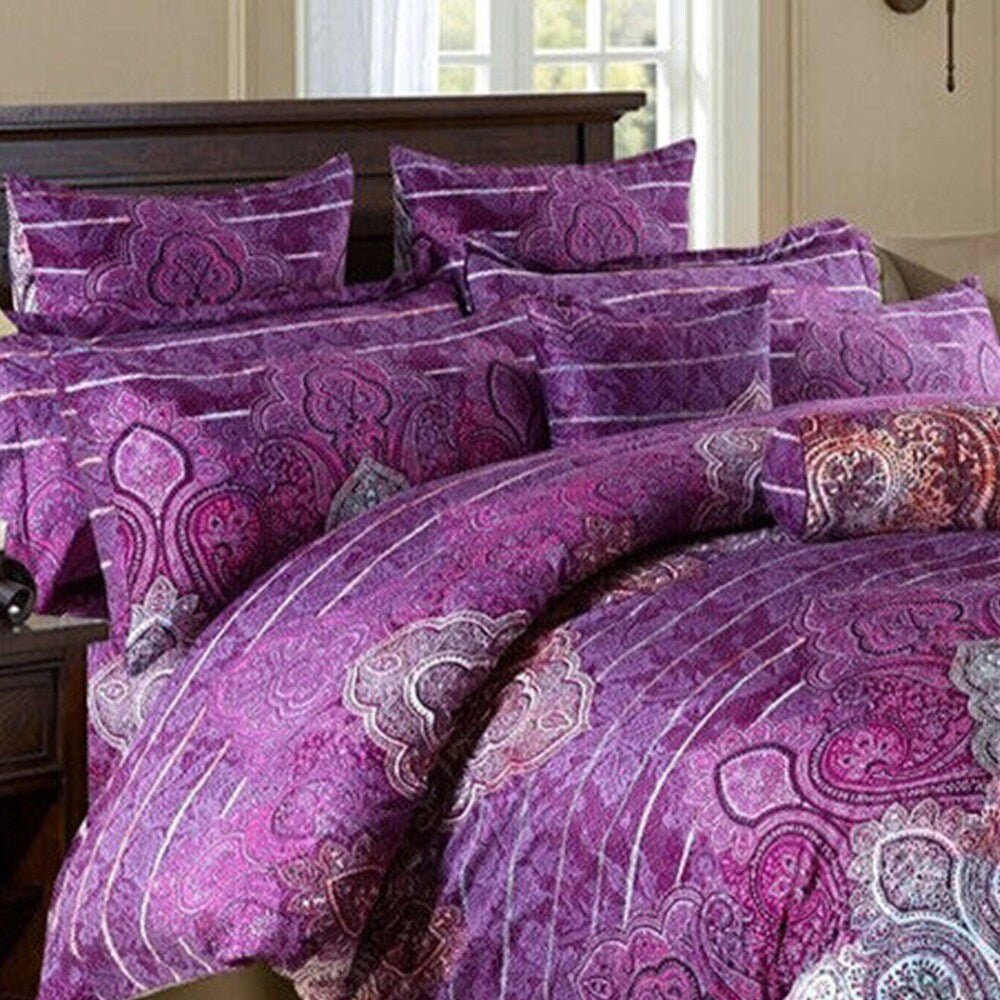 3pc California King Size Bedding Set Paisley Print Purple