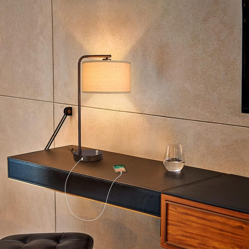 Dual USB port side table lamp, dimmable bedside lamp, desktop reading light - 13.98D x 13.98W x 25H