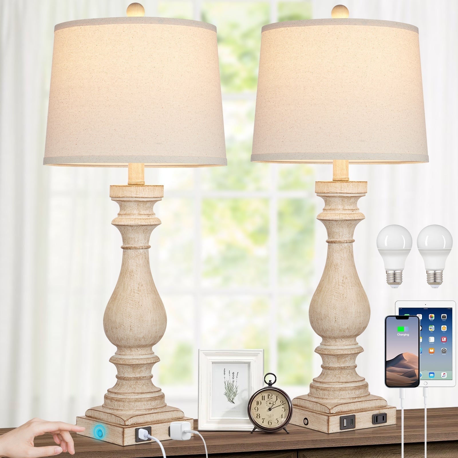 Table Lamps Resin White Vintage Oblique Shade USB Type-C Charging Ports(Set of 2) - 12.5'' x 12.5'' x 29'' (L x W x H)