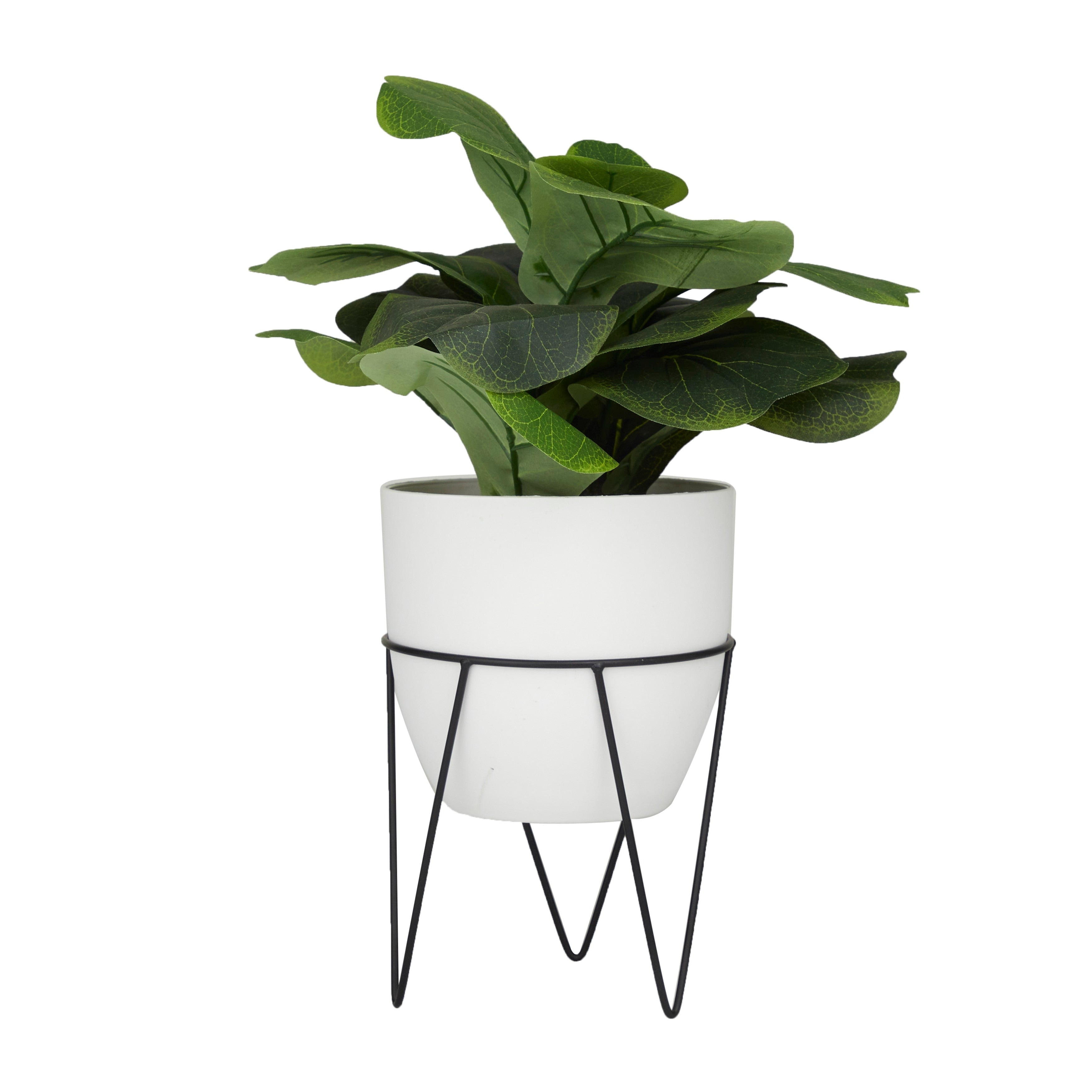 Faux Foliage Pilea Artificial Plant with Realistic Leaves and Metal Stand and White Pot - Green - Roche River Decor